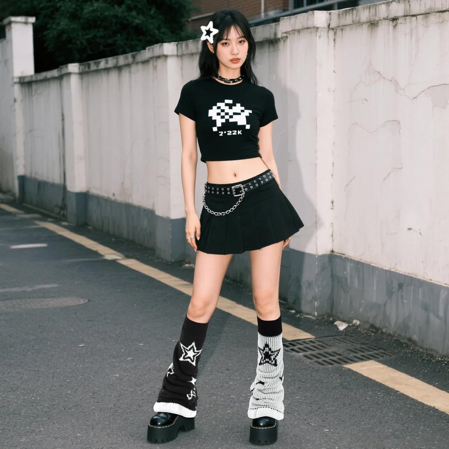 Junely Leg Warmers Kawaii Leg Warmer Cute Legwarmers with Star Reversible Japanese Socks Halloween Emo Lolita Gyaru Harajuku Accessories Black