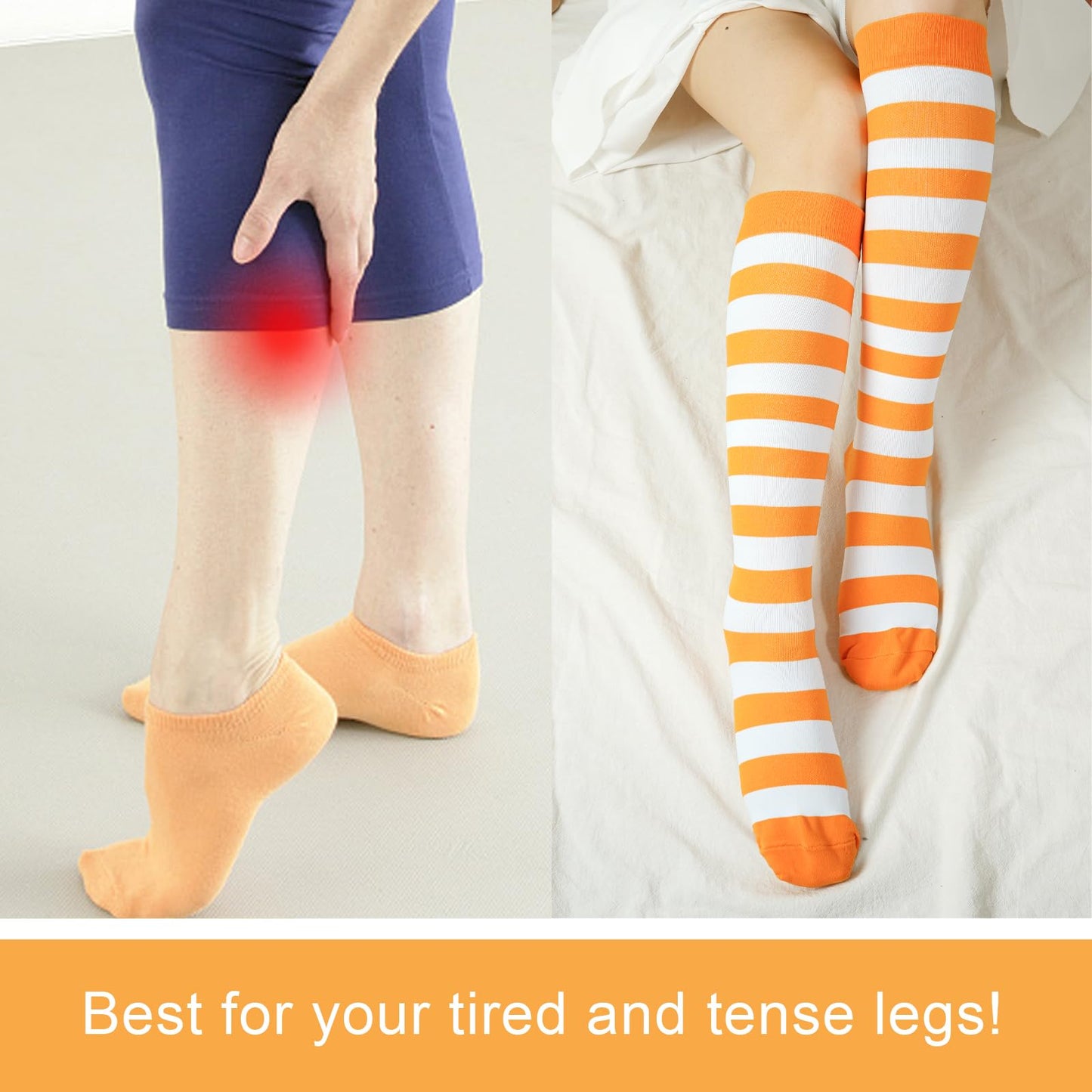 Junely Compression Socks for Women Striped Knee High Stockings for Halloween Running Athletic Nurses Pregnant Women Work Support Travel Flight Sports Gifts Orange and White