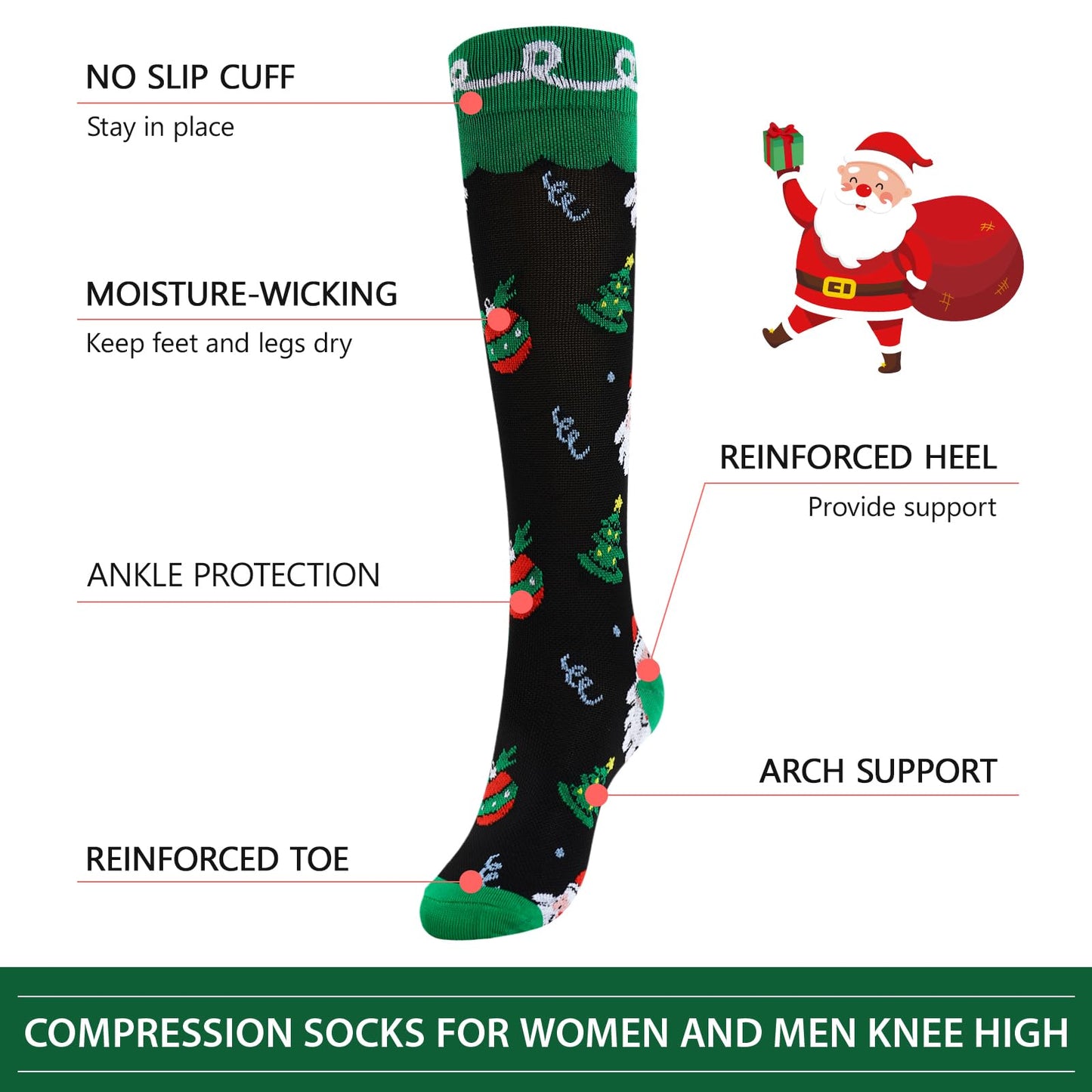 Junely Christmas Compression Socks for Women Knee High Christmas Tree Socks for Running Athletic Nurses Pregnant Women Work Support Travel Flight Sports Gifts Green Black