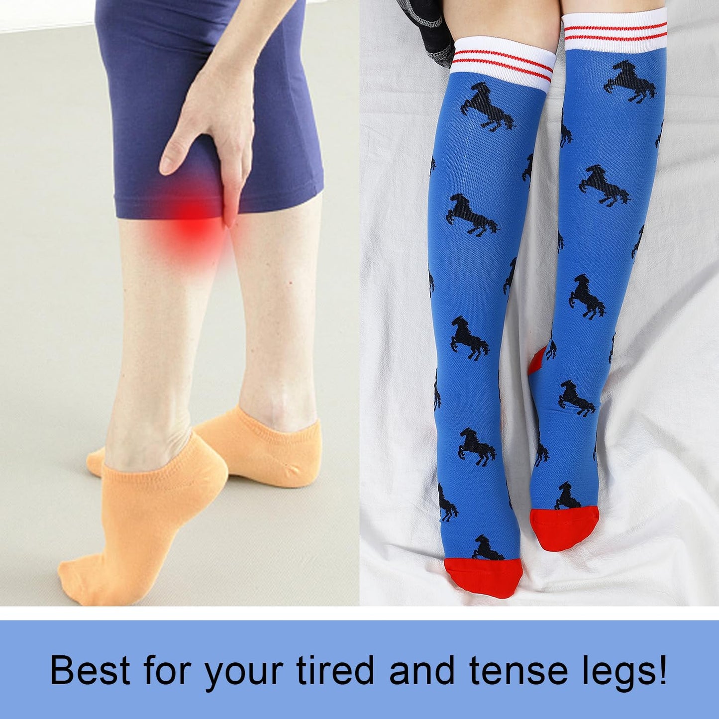 Junely Compression Socks for Women Horse Knee High Stockings for Running Athletic Nurses Pregnant Women Work Support Travel Flight Sports Horse Gifts Blue