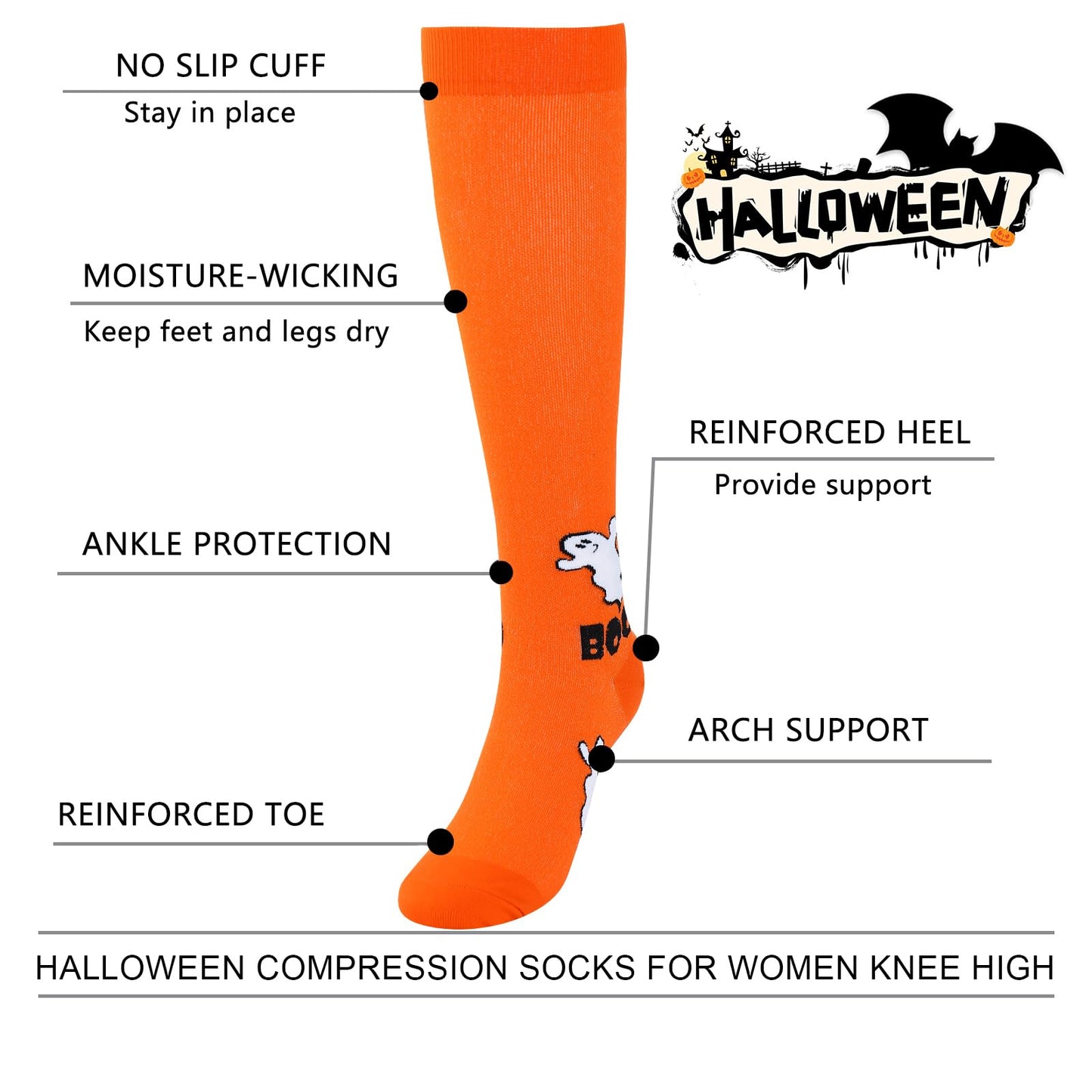 Junely Halloween Compression Socks for Women Knee High Witch Ghost Socks for Running Athletic Nurses Pregnant Women Work Support Travel Flight Sports Gifts Orange Purple Black