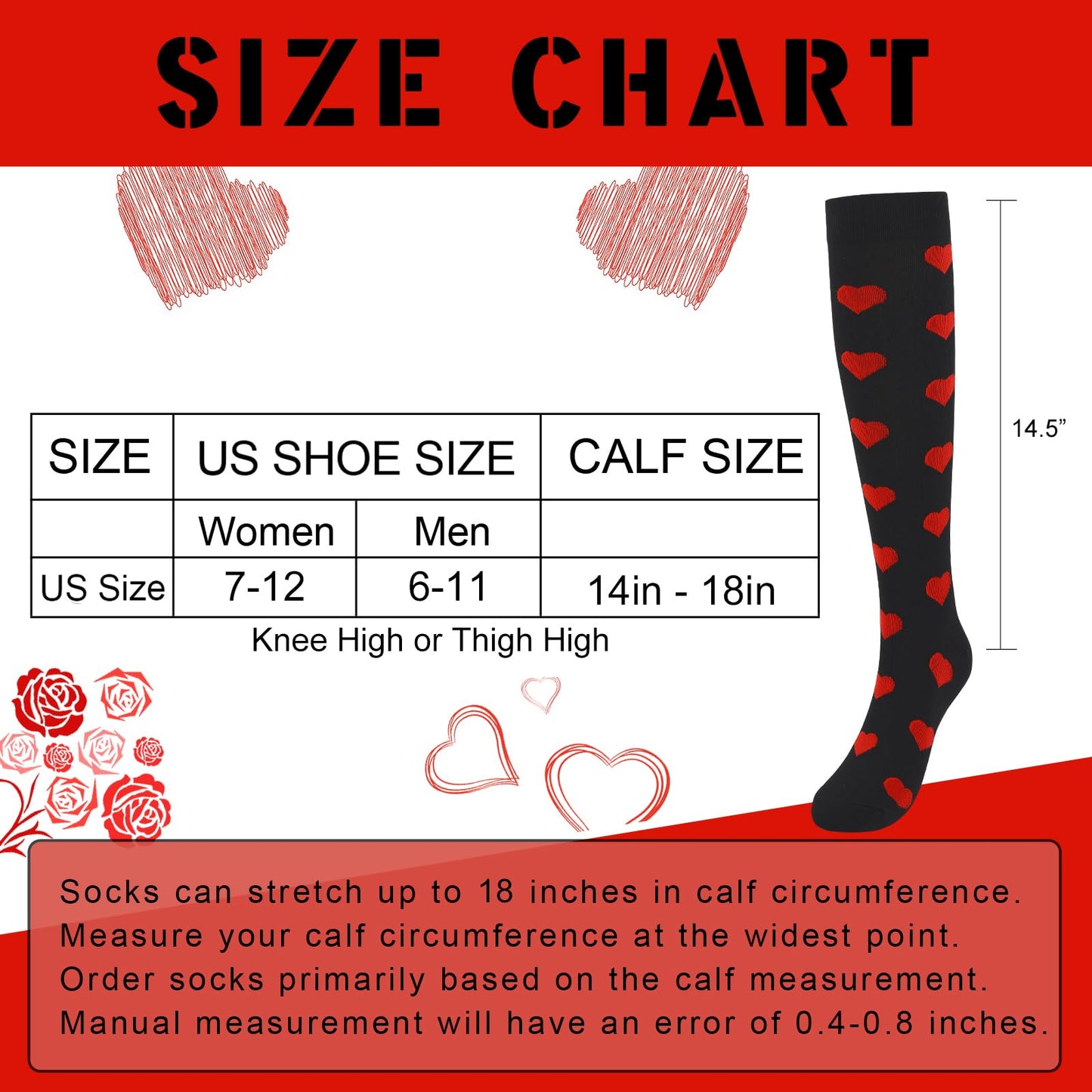 Junely Valentines Day Compression Socks for Women 20-30 mmhg Heart Knee High Socks for Valentine Running Athletic Nurses Pregnant Women Work Support Travel Flight Sports Black