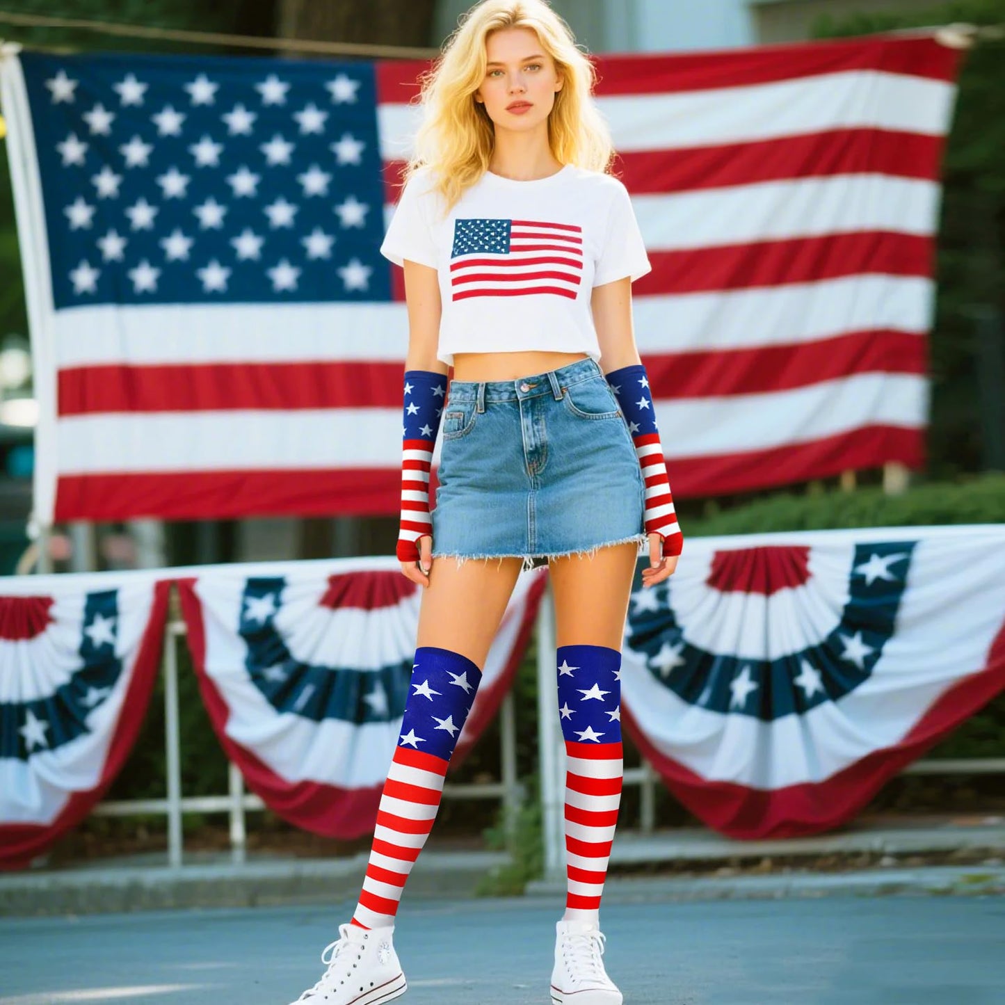 Junely American Flag Thigh High Socks Patriotic Over the Knee Stockings Extra Long 4th of July Costume Accessories Gifts Red White Blue