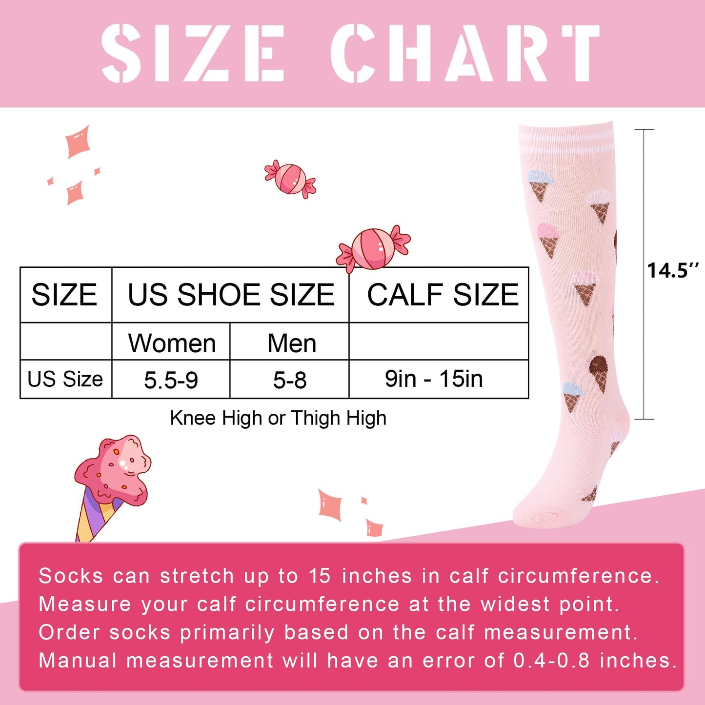 Junely Compression Socks for Women Food Knee High Stockings Banana Ice Cream Watermelon for Summer Running Athletic Nurses Pregnant Women Work Support Travel Flight Sports Gifts Pink Black