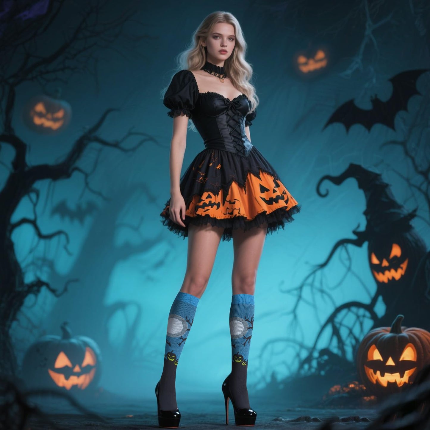 Junely Halloween Compression Socks for Women 20-30 mmhg Knee High Pumpkin Bat Socks for Running Athletic Nurses Pregnant Women Work Support Travel Flight Sports Gifts Blue