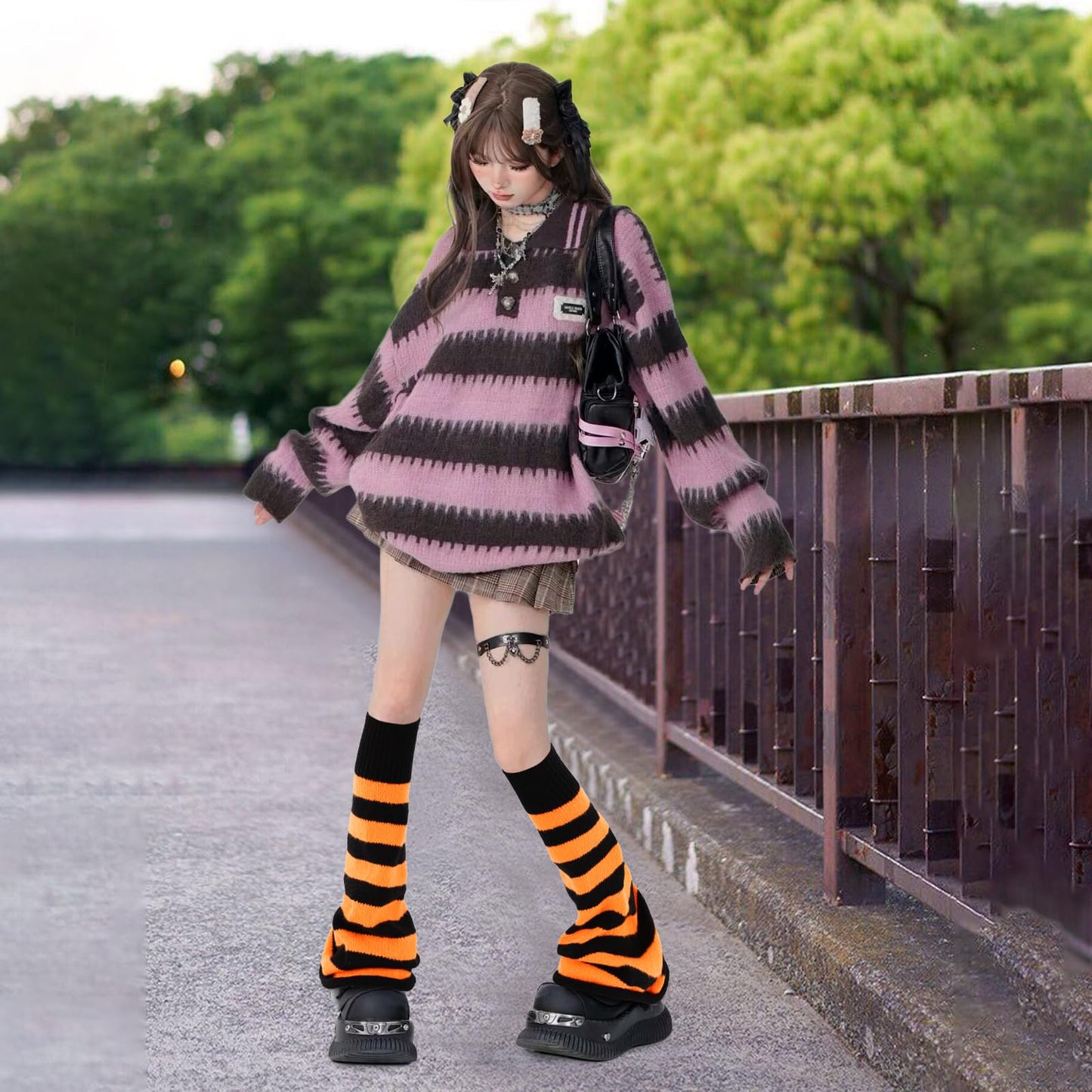 Junely Leg Warmers for Women Winter Kawaii Leg Warmer Cute Legwarmers Japanese Socks Halloween Goth Emo Lolita Gyaru Gothic Harajuku Accessories Black Orange