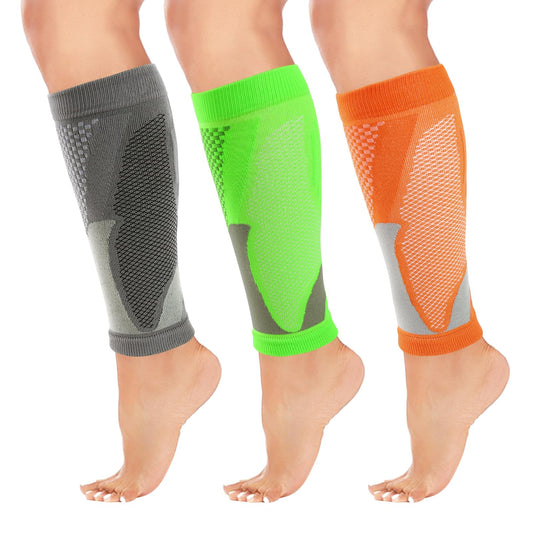 Junely 3 Pairs Calf Compression Sleeve for Men and Women Leg Compression Sleeve for Support Sports Running Cycling Green Orange Grey