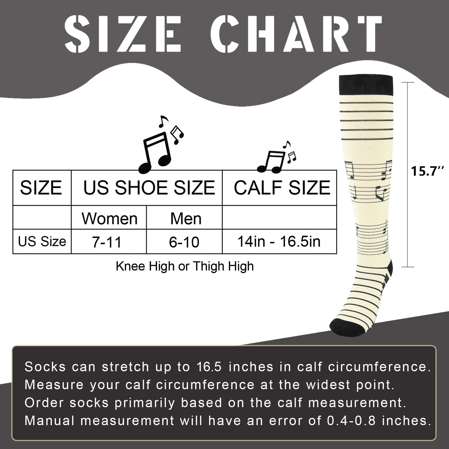 Junely Compression Socks for Women 20-30 mmhg Music Knee High Socks for Halloween Running Athletic Nurses Pregnant Women Work Support Travel Flight Sports Gifts White