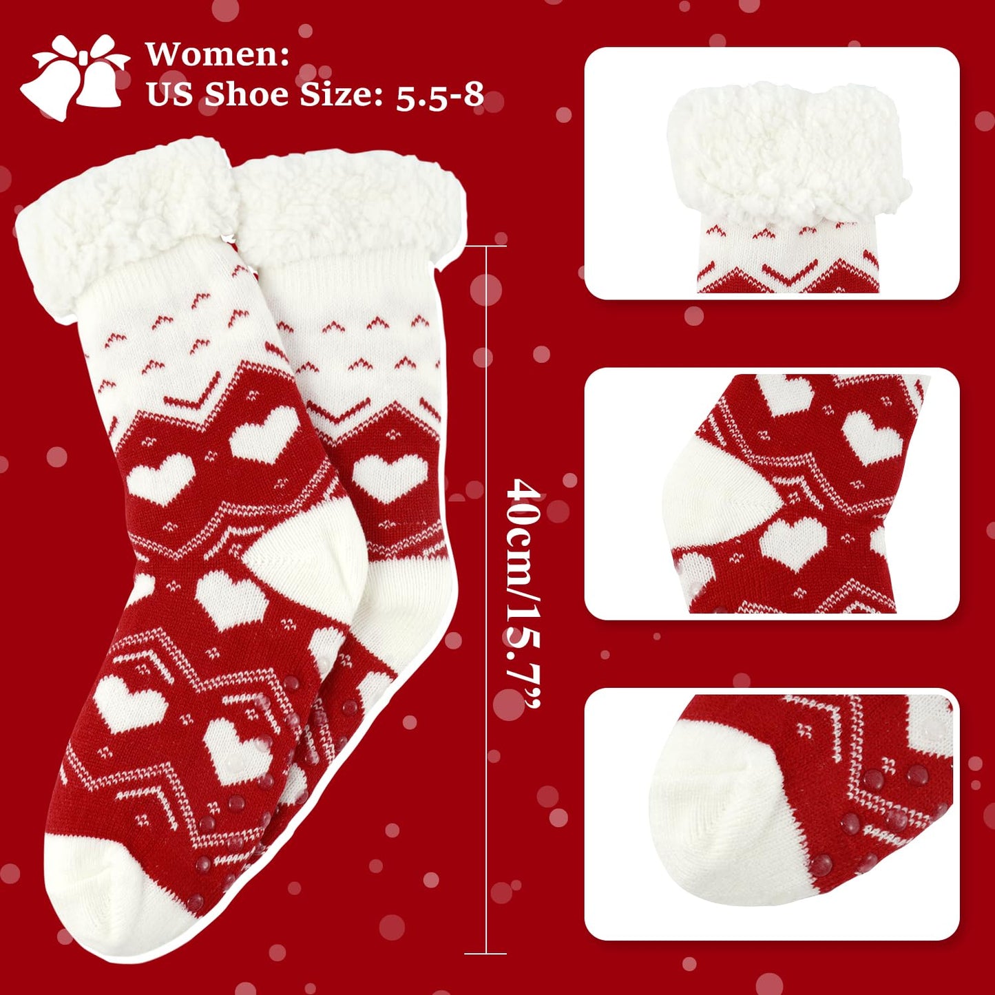 Junely Slipper Socks with Grips for Women Heart Non Slip Fuzzy Fluffy Cozy Warm Soft Comfy Thick Fleece Cabin Socks for Christmas Valentines Day Red