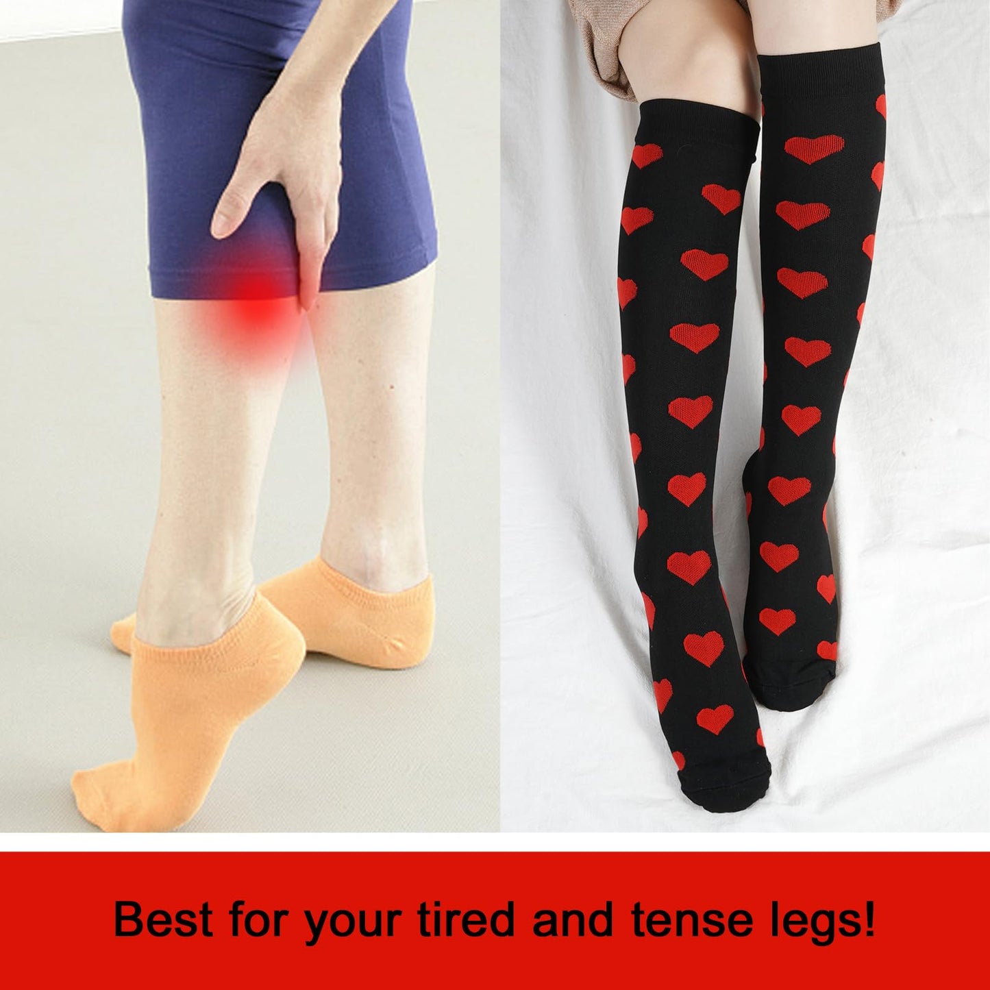 Junely Valentines Day Compression Socks for Women 20-30 mmhg Heart Knee High Socks for Valentine Running Athletic Nurses Pregnant Women Work Support Travel Flight Sports Black