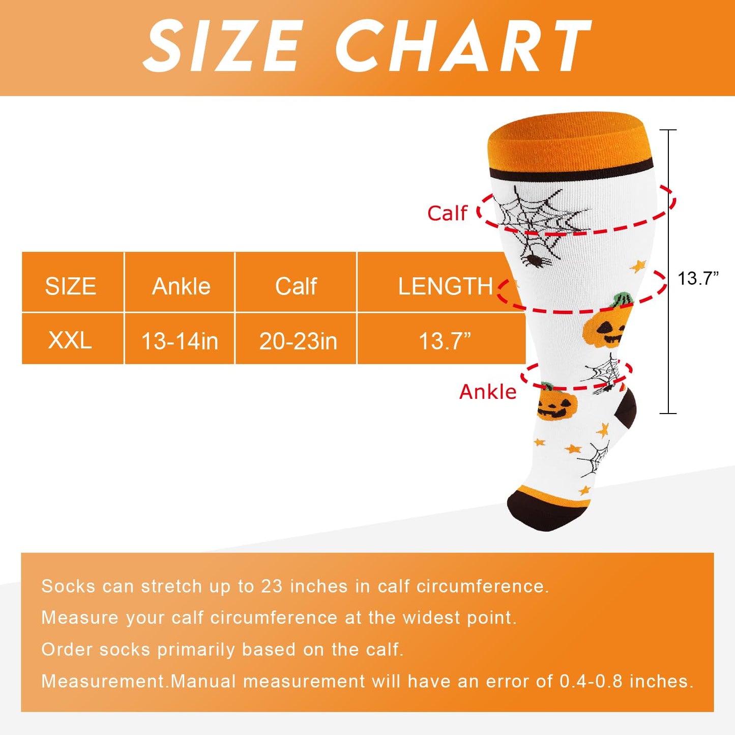 Junely Compression Socks for Women Wide Calf Knee High Halloween Stockings for Running Athletic Nurses Pregnant Women Work Support Travel Flight Sports Gifts Orange