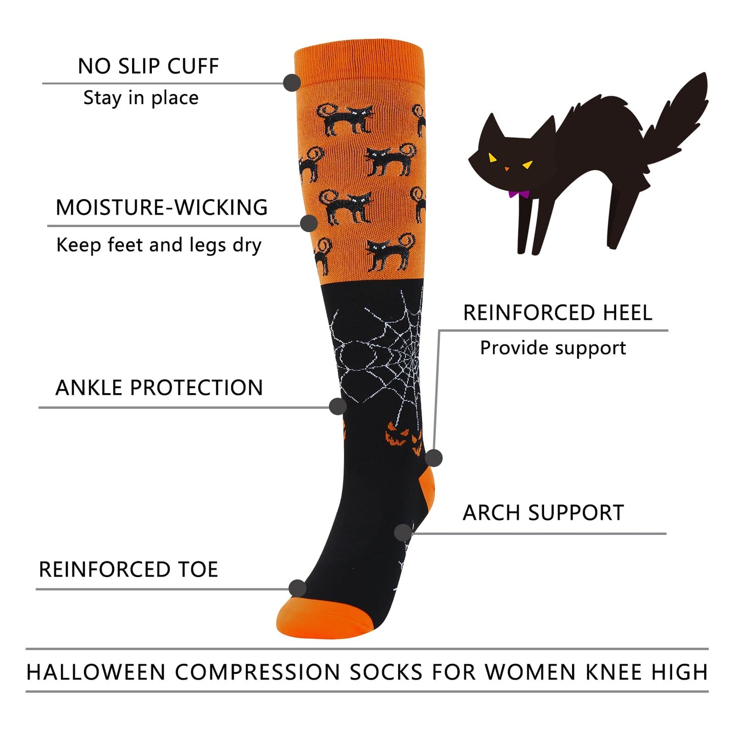 Junely Halloween Compression Socks for Women Knee High Cat Socks for Running Athletic Nurses Pregnant Women Work Support Travel Flight Sports Gifts Orange