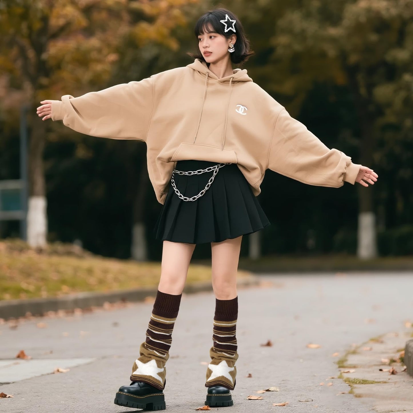 Junely Leg Warmers for Women Winter Kawaii Leg Warmer Cute Star Legwarmers Japanese Socks Halloween Goth Emo Lolita Gyaru Gothic Harajuku Accessories Brown