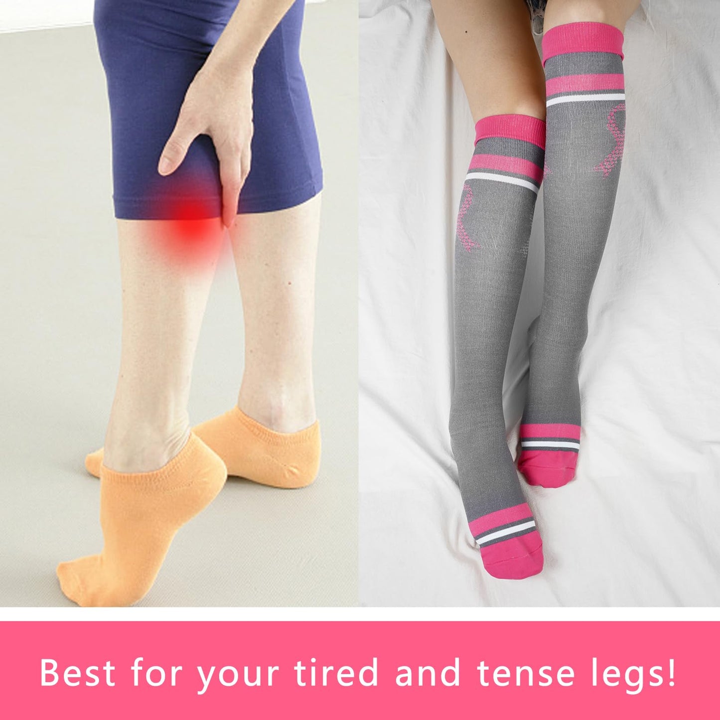 Junely Compression Socks for Women 20-30 mmhg Knee High Breast Cancer Socks for Running Athletic Nurses Pregnant Women Work Support Travel Flight Sports Pink