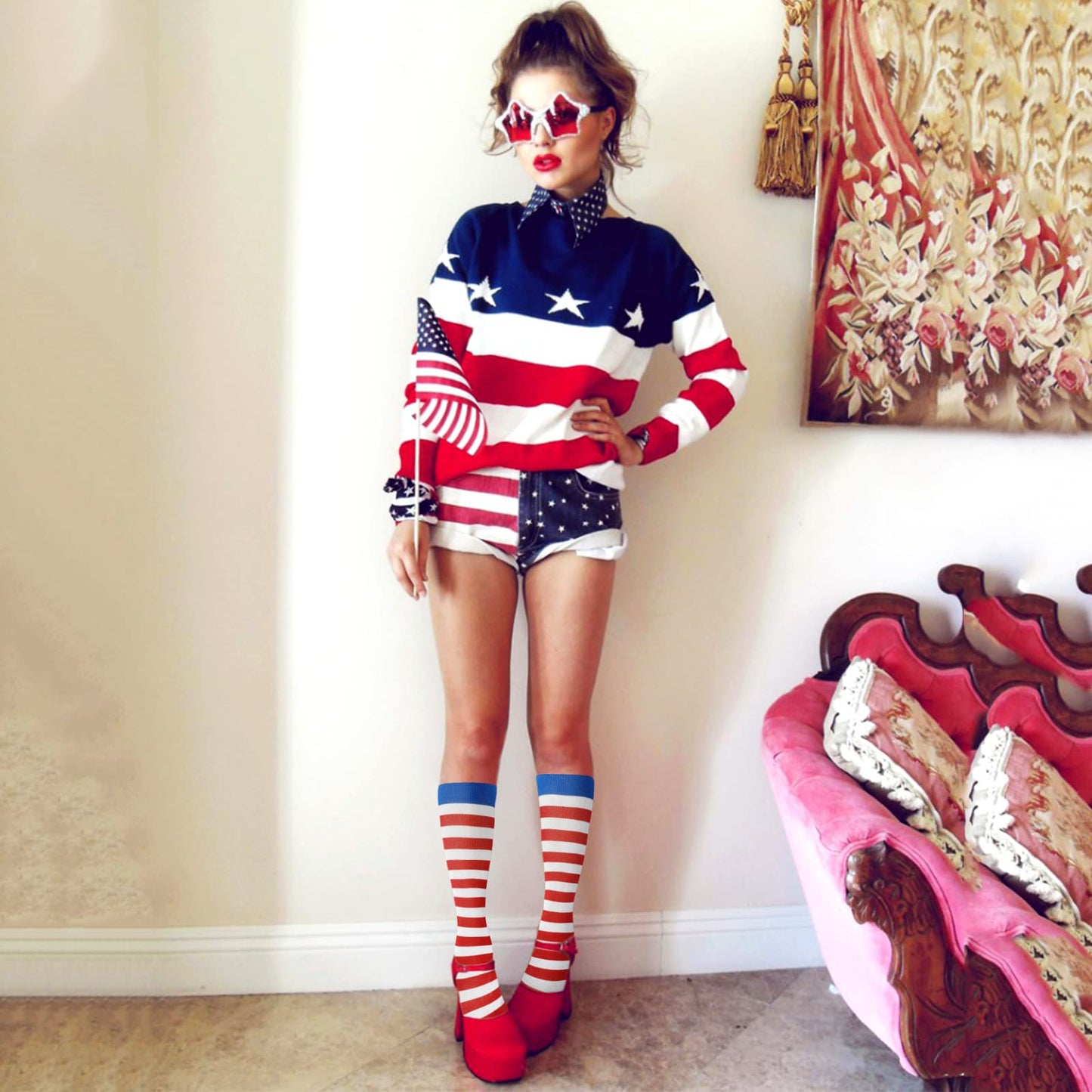 Junely American Flag Compression Socks for Women Patriotic Knee High Socks for 4th of July Running Athletic Nurses Pregnant Women Work Support Travel Flight Sports Gifts Red White Blue