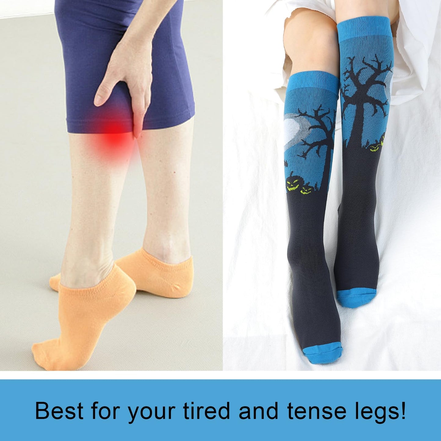Junely Halloween Compression Socks for Women 20-30 mmhg Knee High Pumpkin Bat Socks for Running Athletic Nurses Pregnant Women Work Support Travel Flight Sports Gifts Blue