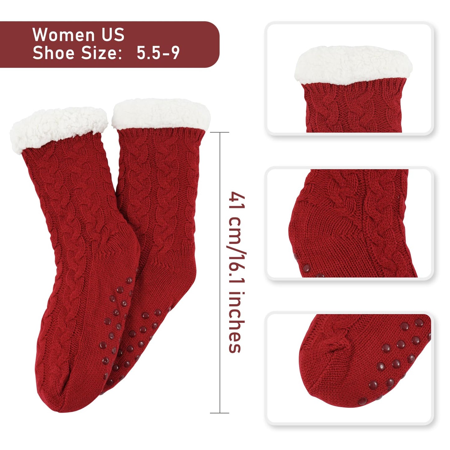 Junely Slipper Socks with Grips for Women Fuzzy Cozy Fluffy Non Slip Warm Winter Thick Comfy Soft Fleece Cabin Socks Red