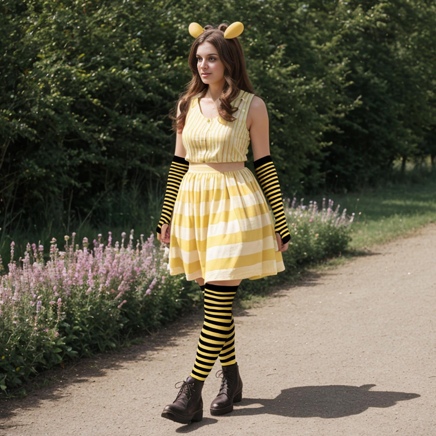 Junely Bee Thigh High Socks and Gloves Yellow Striped Fingerless Gloves and Socks Set Halloween Cosplay Costume Accessories