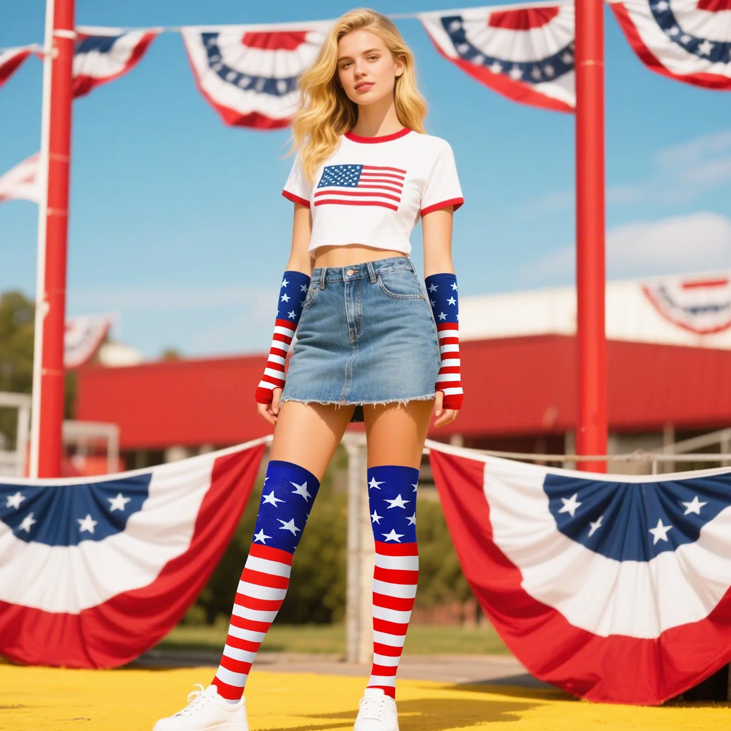 Junely American Flag Thigh High Socks Patriotic Over the Knee Stockings Extra Long 4th of July Costume Accessories Gifts Red White Blue