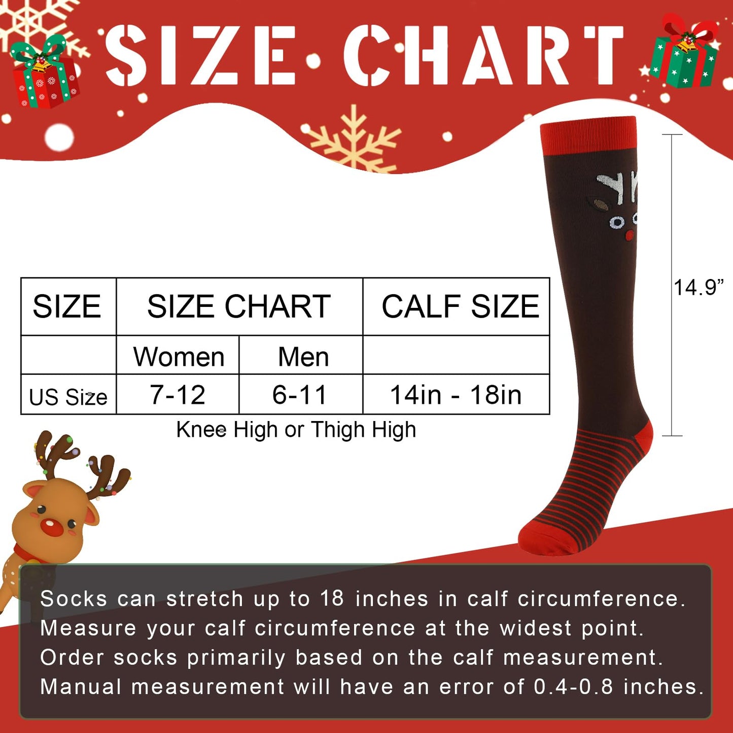 Junely Christmas Compression Socks for Women Knee High Stockings for Running Athletic Nurses Pregnant Women Work Support Travel Flight Sports Gifts Red Green Black