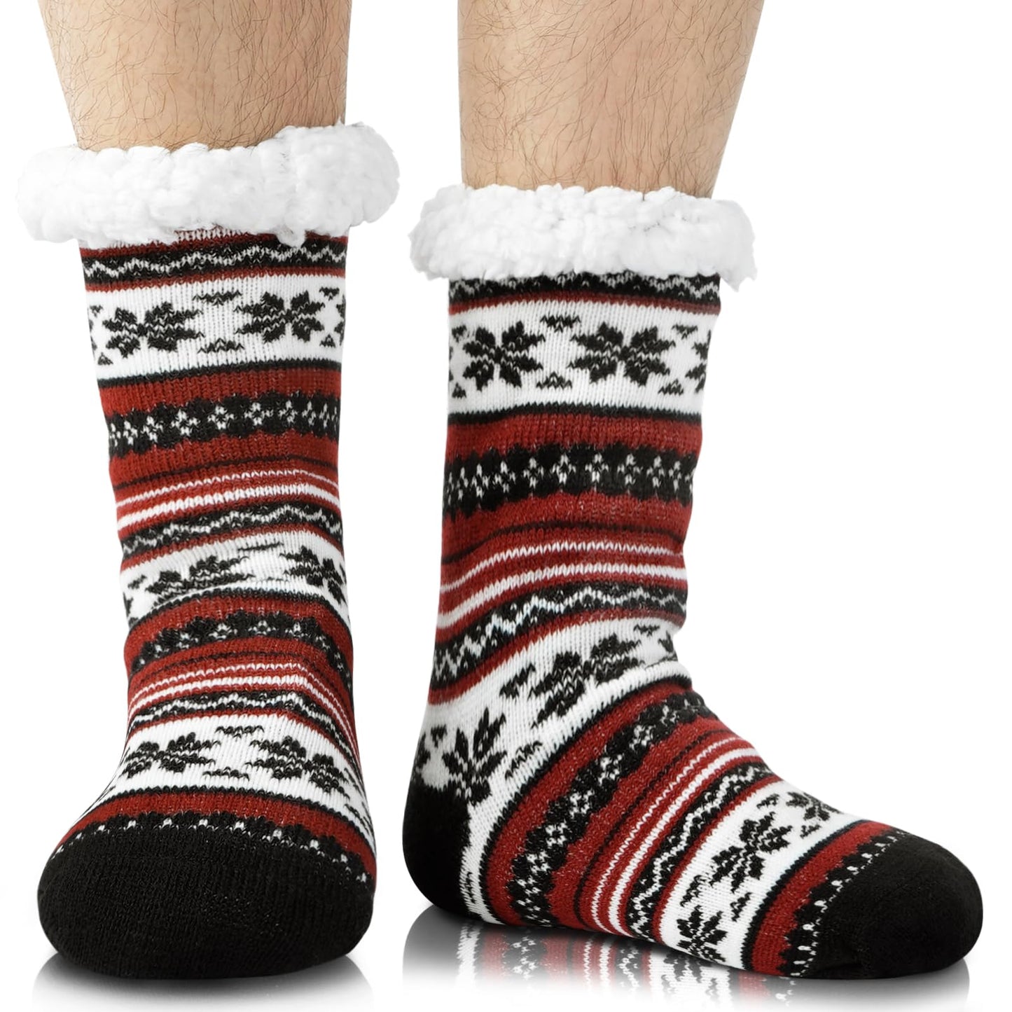 Junely Slipper Socks for Men with Grippers Fuzzy Cozy Fluffy Non Slip Warm Winter Thick Comfy Soft Fleece Cabin Socks Christmas Gifts Snowflake Black