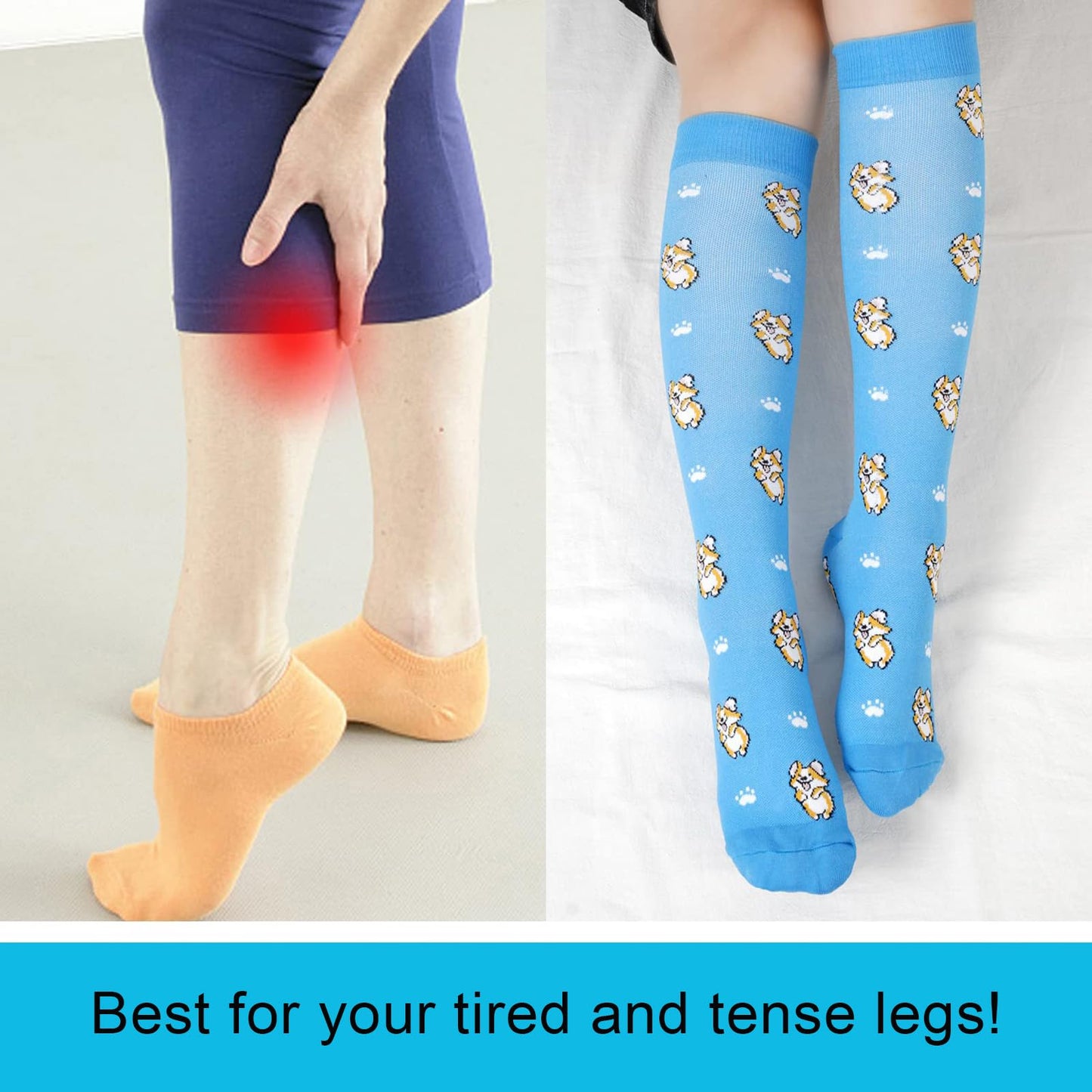 Junely Compression Socks for Women 20-30 mmhg Dog Knee High Stockings for Running Athletic Nurses Pregnant Women Work Support Travel Flight Sports Dog Mom Gifts Blue
