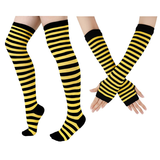 Junely Bee Thigh High Socks and Gloves Yellow Striped Fingerless Gloves and Socks Set Halloween Cosplay Costume Accessories