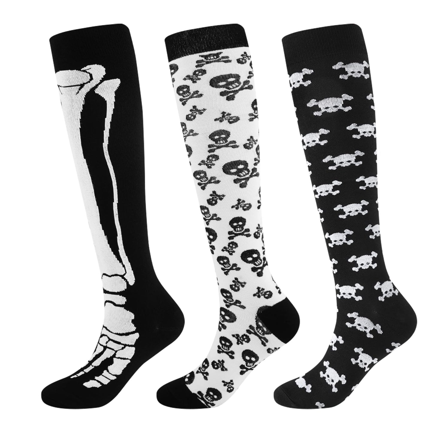 Junely Compression Socks for Women Skeleton Skull Knee High Stockings for Halloween Goth Running Athletic Nurses Pregnant Women Work Support Travel Flight Sports Gifts Black White