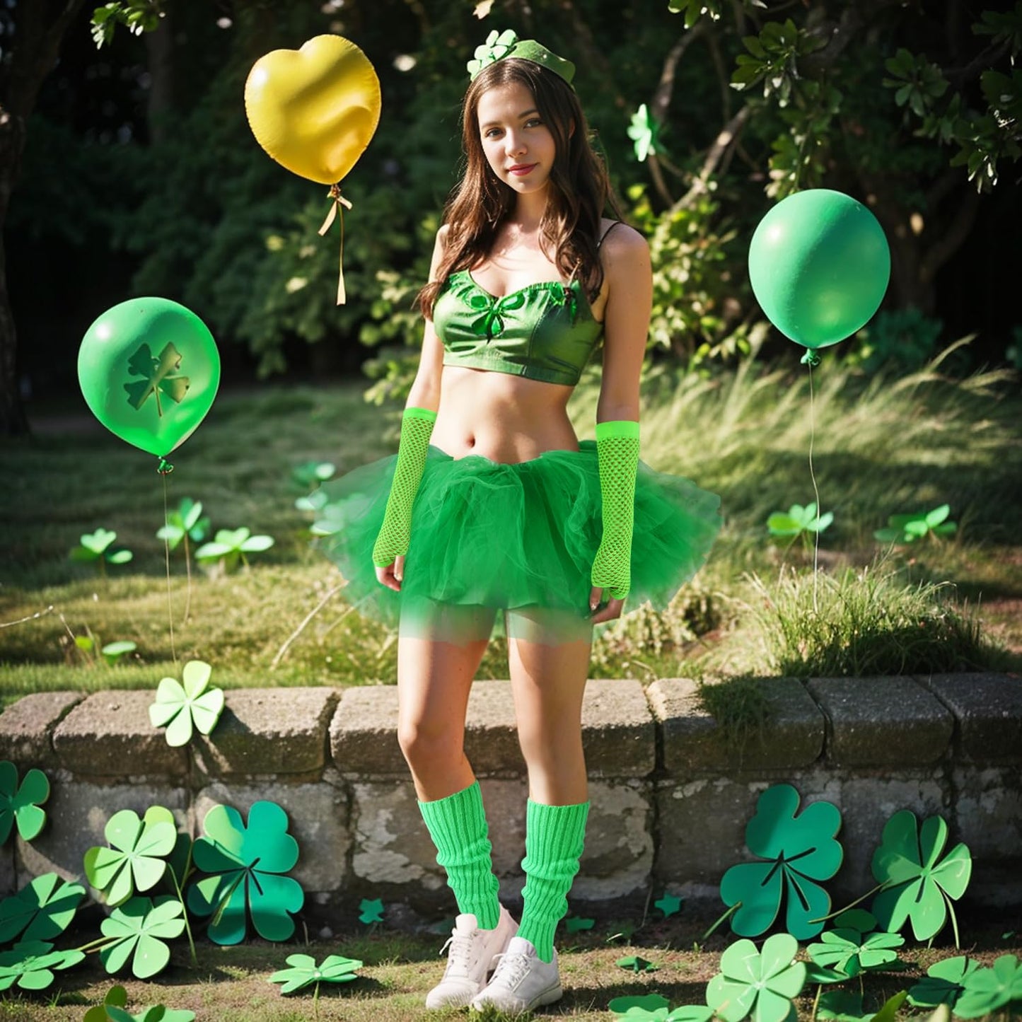 Junely 80s Tutu for Women Adults and Leg Warmers and Fingerless Gloves St Patricks Day Mardi Gras 80s Accessories for Ballet Dance Running Green