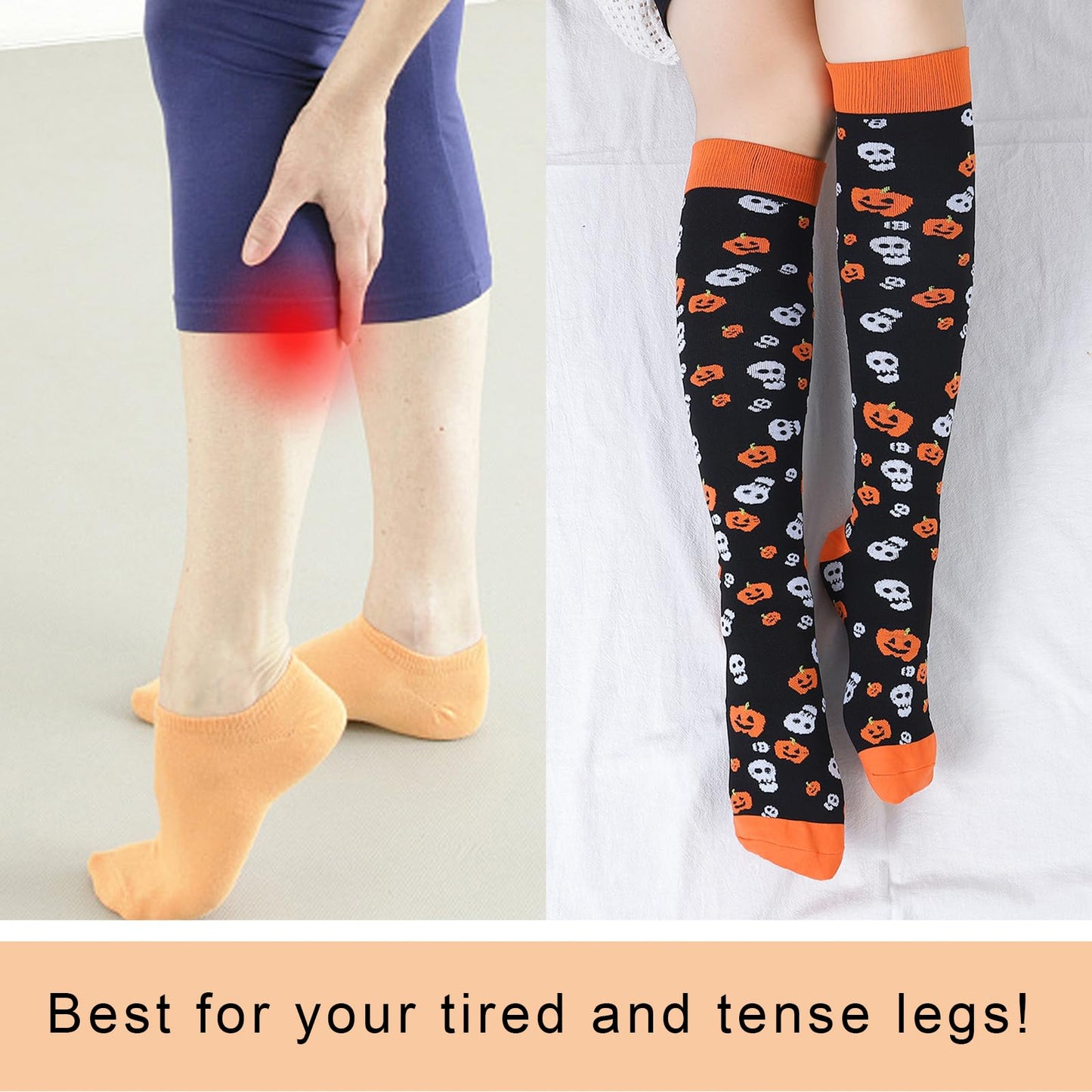 Junely Halloween Compression Socks for Women 20-30 mmhg Knee High Pumpkin Skeleton Socks for Running Athletic Nurses Pregnant Women Work Support Travel Flight Sports Gifts Orange Black