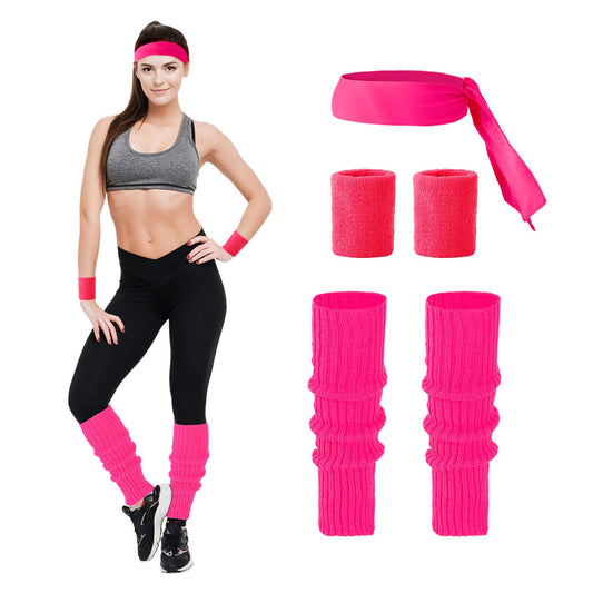Junely 80s Accessories for Women Neon Leg Warmers Headband and Wristbands Set Knit Legwarmers for Ballet Dance Figure Skating Ice Skating Boot Pink
