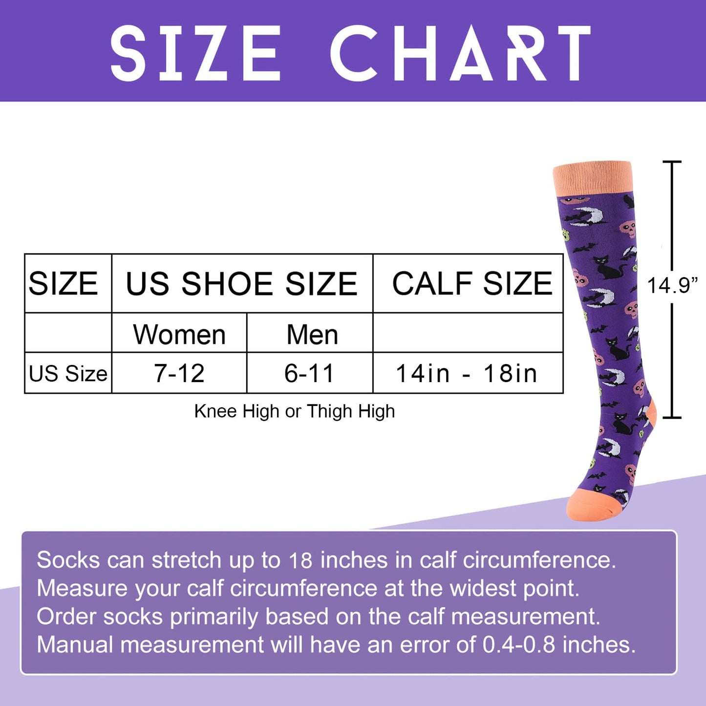 Junely Halloween Compression Socks for Women 20-30 mmhg Knee High Socks for Running Athletic Nurses Pregnant Women Work Support Travel Flight Sports Gifts Purple