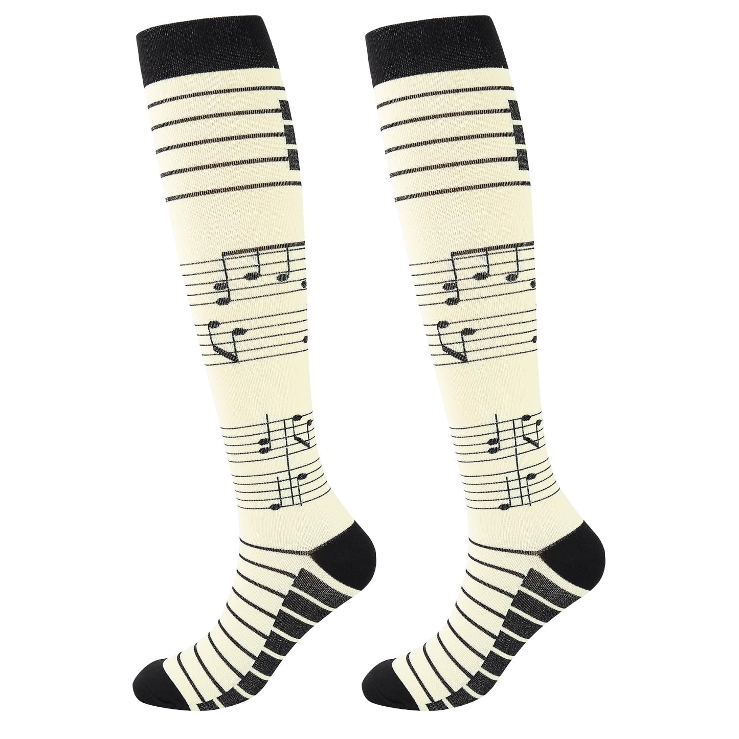 Junely Compression Socks for Women 20-30 mmhg Music Knee High Socks for Halloween Running Athletic Nurses Pregnant Women Work Support Travel Flight Sports Gifts White