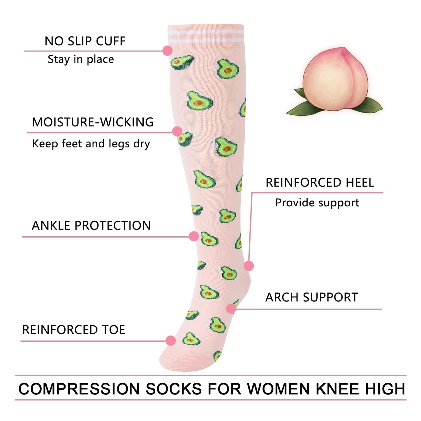 Junely Compression Socks for Women Banana Avocado Watermelon Knee High Socks for Running Athletic Nurses Pregnant Women Work Support Travel Flight Sports Fruit Themed Gifts Pink Blue Green