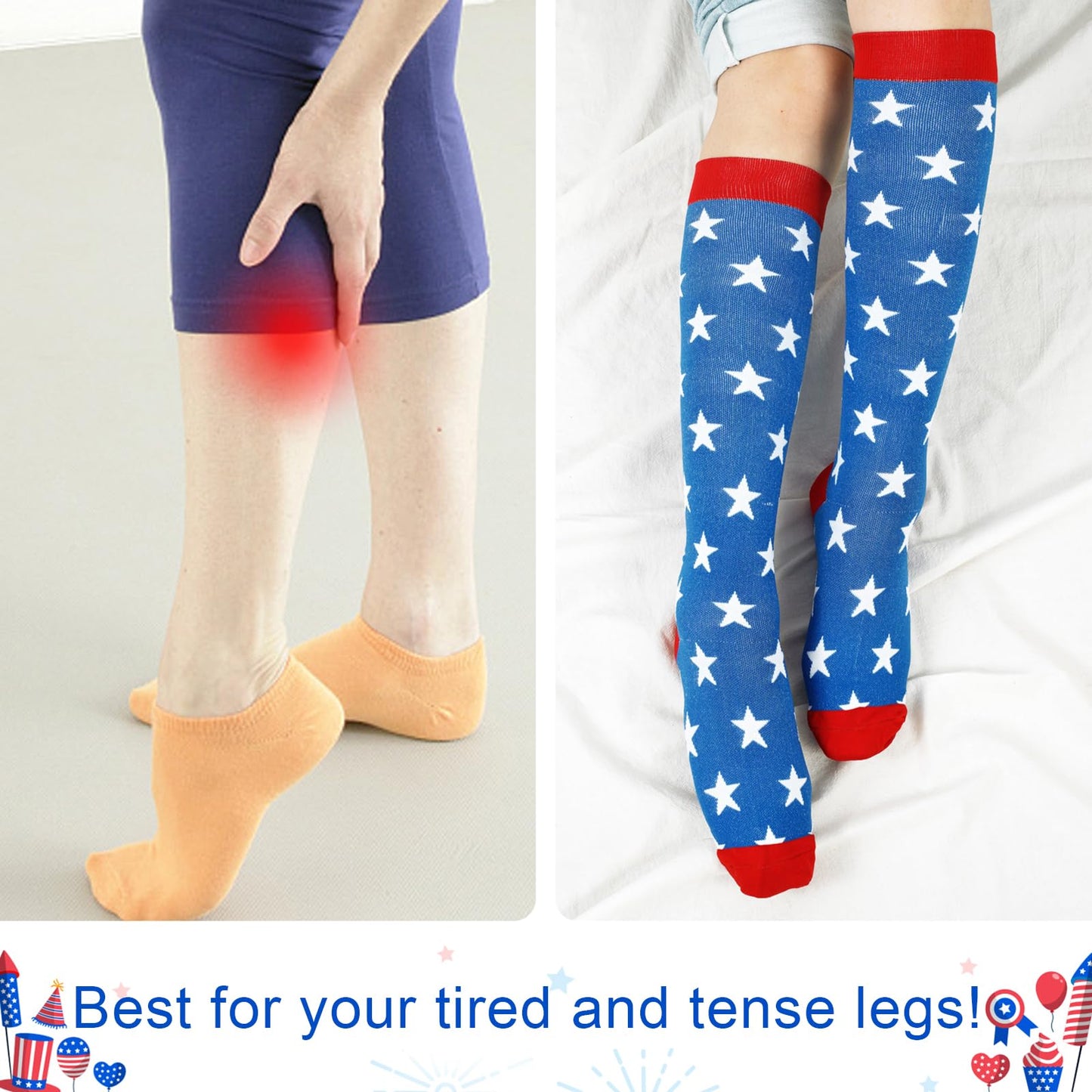 Junely American flag Compression Socks for Women 20-30 mmhg Knee High Patriotic Socks for Running Athletic Nurses Pregnant Women Work Support Travel Flight Sports Blue