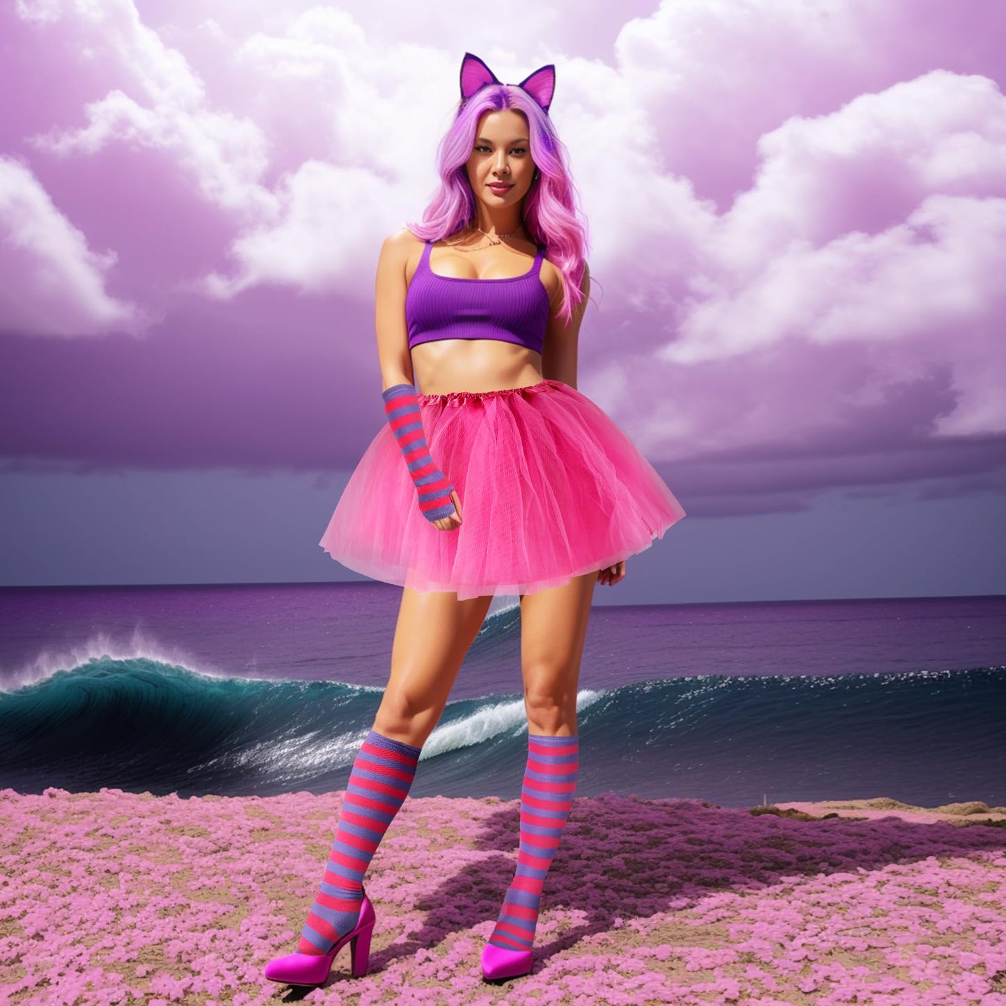 Junely Pink and Purple Striped Cat Costume Tutu for Women Adults Knee High Socks Fingerless Gloves Halloween Cosplay Costumes Accessories