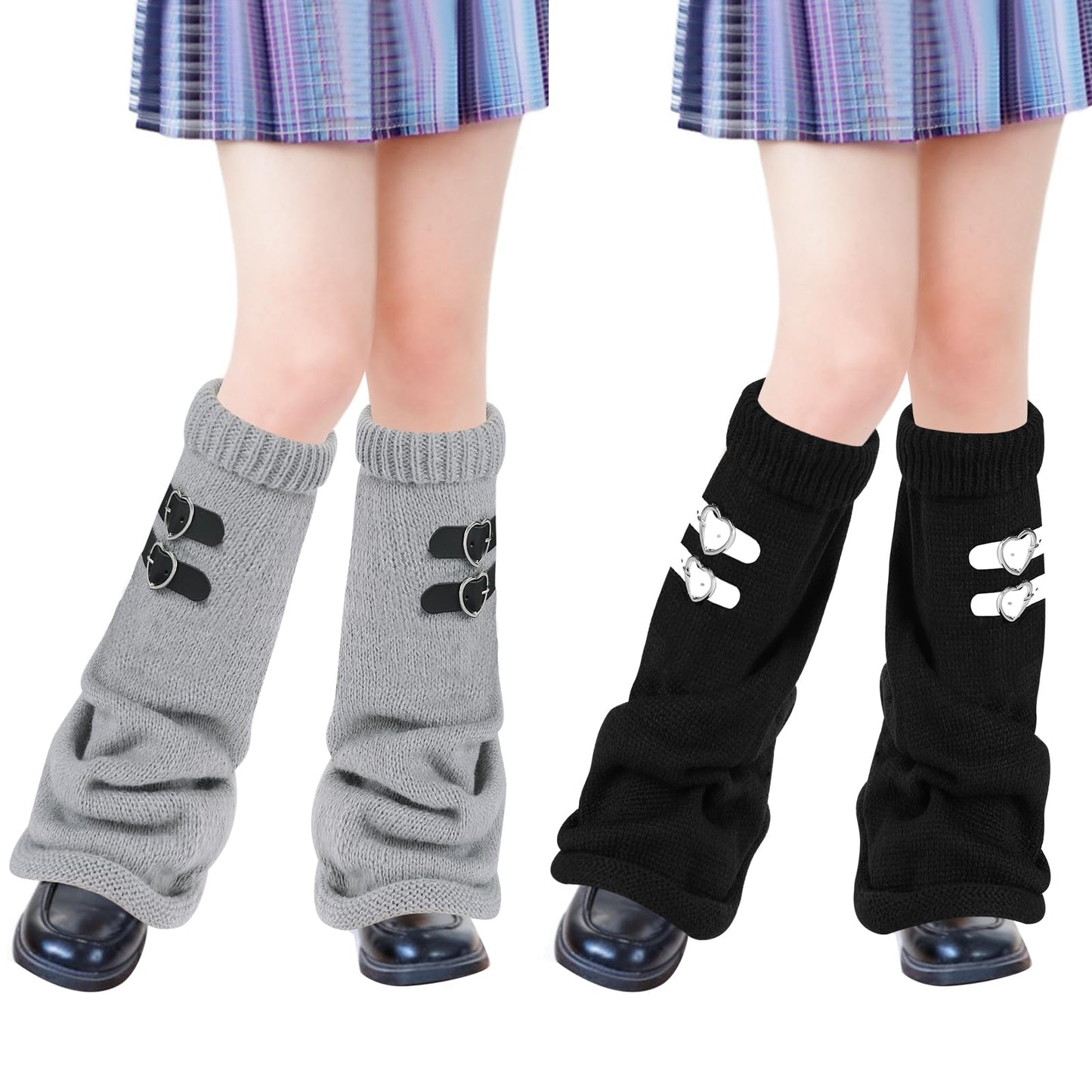 Junely Leg Warmers for Women Winter Kawaii Leg Warmer Cute Legwarmers with Adjustable Belt Buckle Japanese Socks Goth Emo Lolita Gyaru Gothic Harajuku Accessories Black Grey