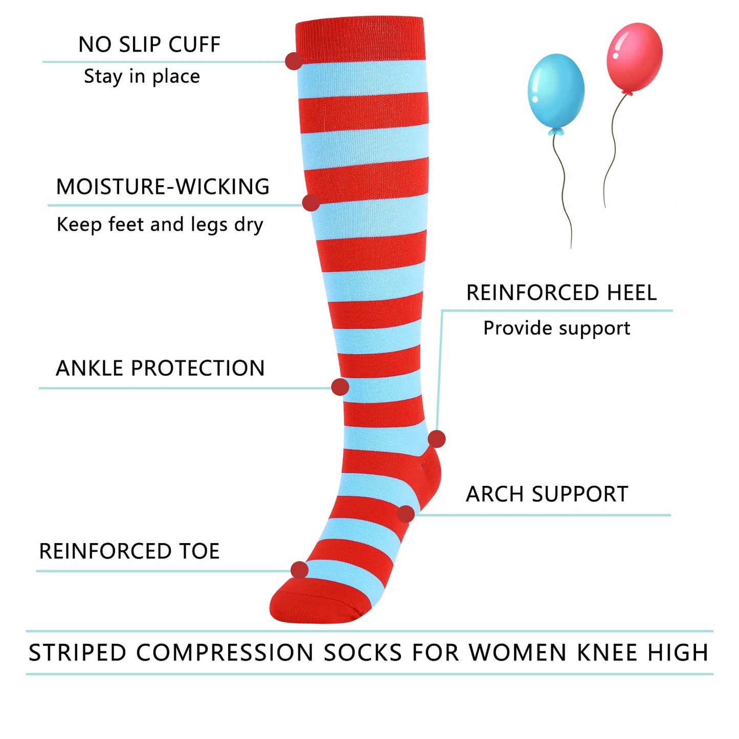 Junely Compression Socks for Women Striped Knee High Stockings for Halloween Running Athletic Nurses Pregnant Women Work Support Travel Flight Sports Gifts Red and Blue