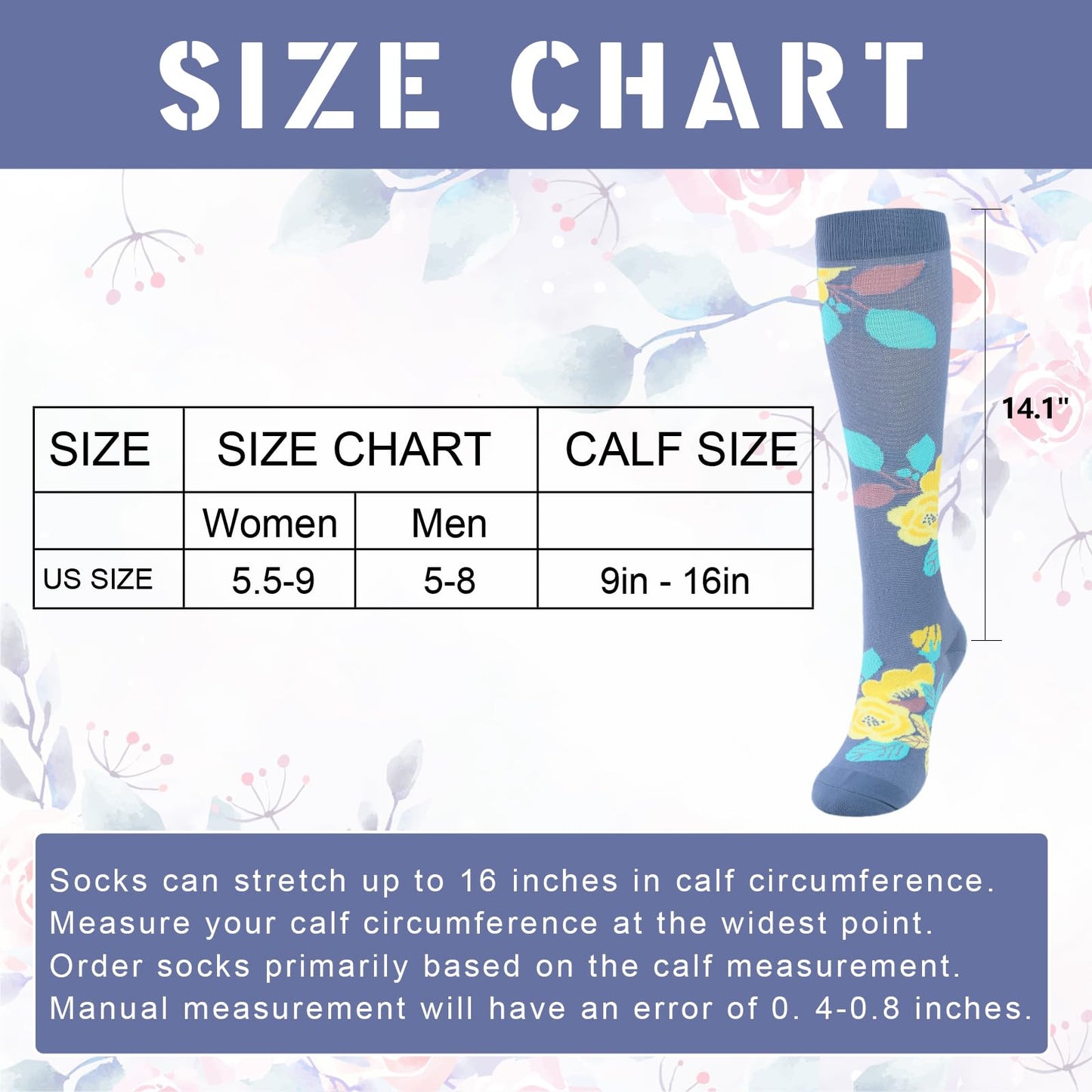 Junely Compression Socks for Women Floral Knee High Stockings for Running Nurses Support Travel Pregnancy Gifts Purple White