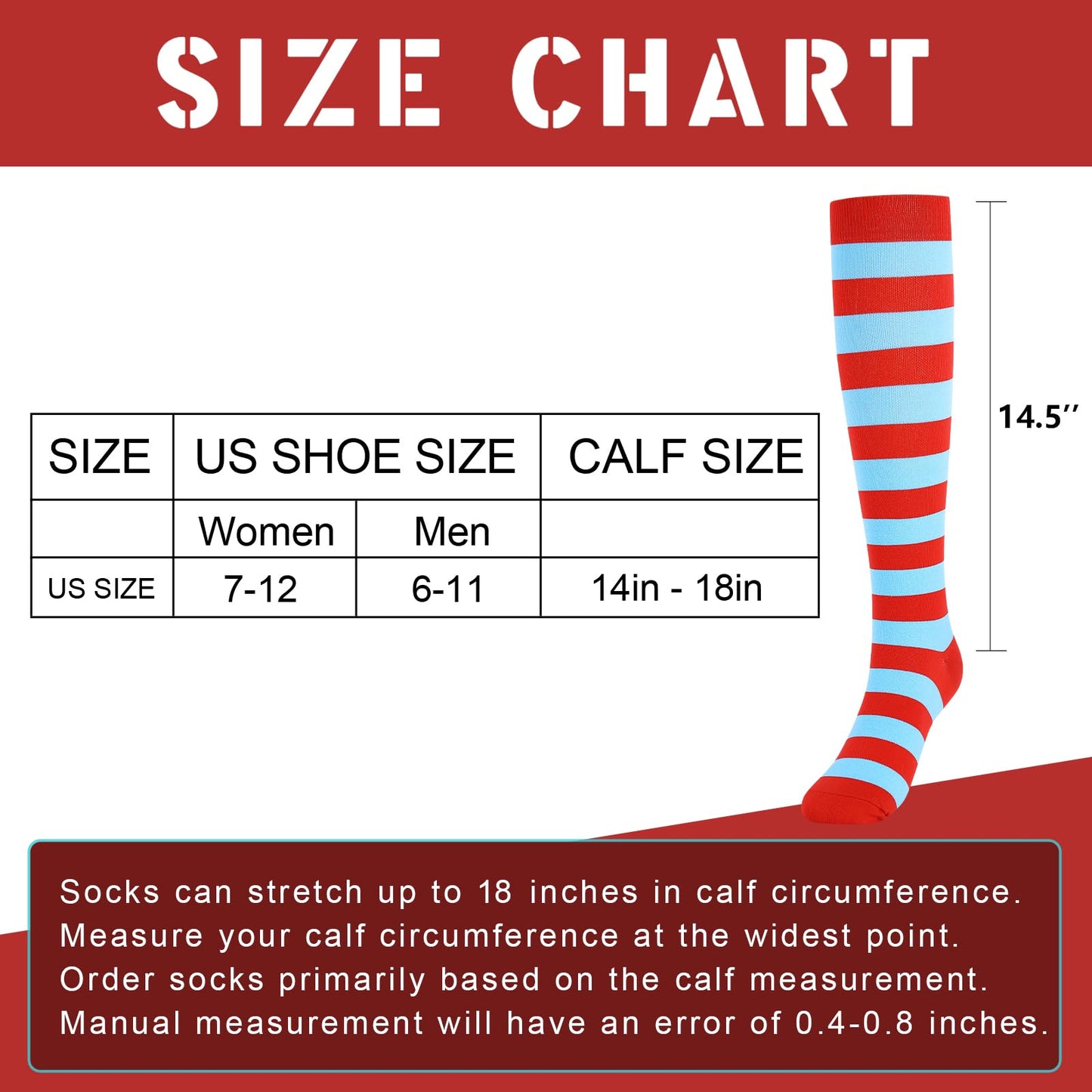 Junely Compression Socks for Women Striped Knee High Stockings for Halloween Running Athletic Nurses Pregnant Women Work Support Travel Flight Sports Gifts Red and Blue