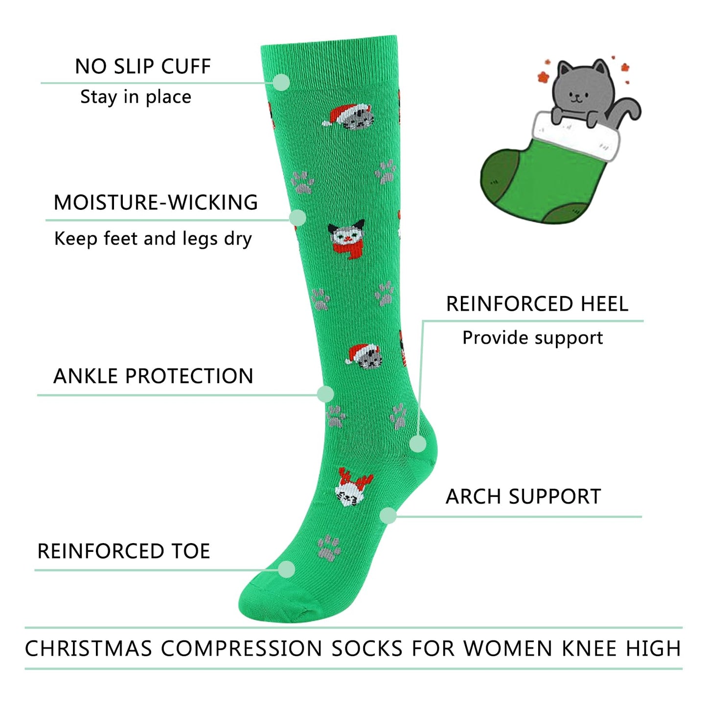 Junely Christmas Compression Socks for Women Knee High Christmas Cat Socks for Running Athletic Nurses Pregnant Women Work Support Travel Flight Sports Gifts Green