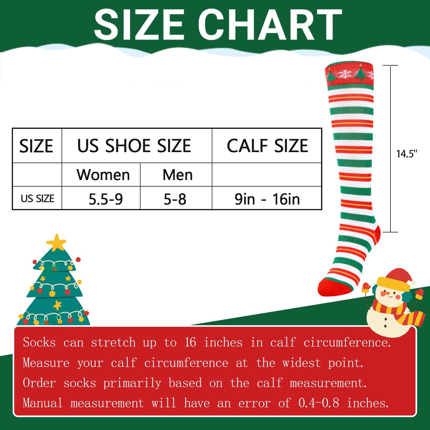 Junely Compression Socks for Women Christmas Striped Knee High Stockings for Running Athletic Nurses Pregnant Women Work Support Travel Flight Sports Gifts Red Green
