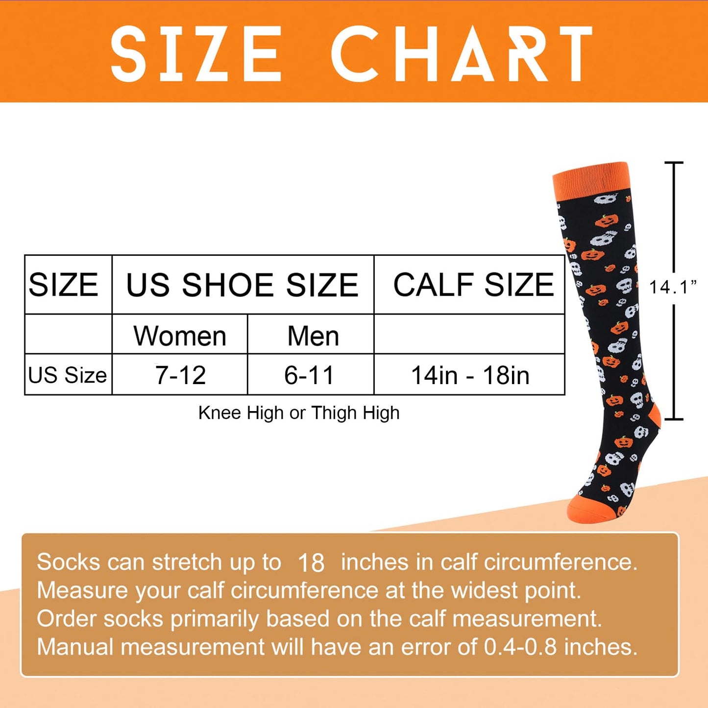 Junely Halloween Compression Socks for Women 20-30 mmhg Knee High Pumpkin Skeleton Socks for Running Athletic Nurses Pregnant Women Work Support Travel Flight Sports Gifts Orange Black