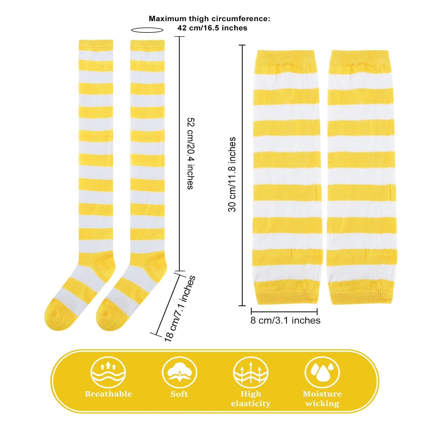 Junely Striped Thigh High Socks Over the Knee Stockings Extra Long Halloween Cosplay Costume Accessories Gifts Yellow and White