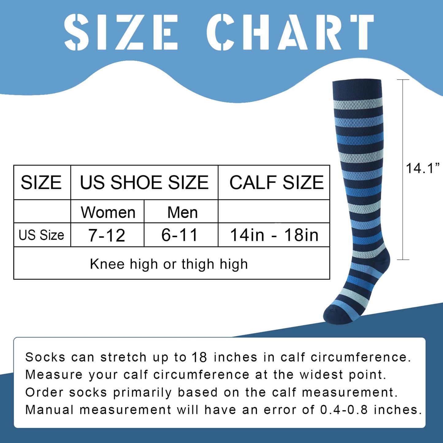 Junely Compression Socks for Women 20-30 mmhg Striped Knee High Stockings for Running Athletic Nurses Pregnant Women Work Support Travel Flight Sports Blue