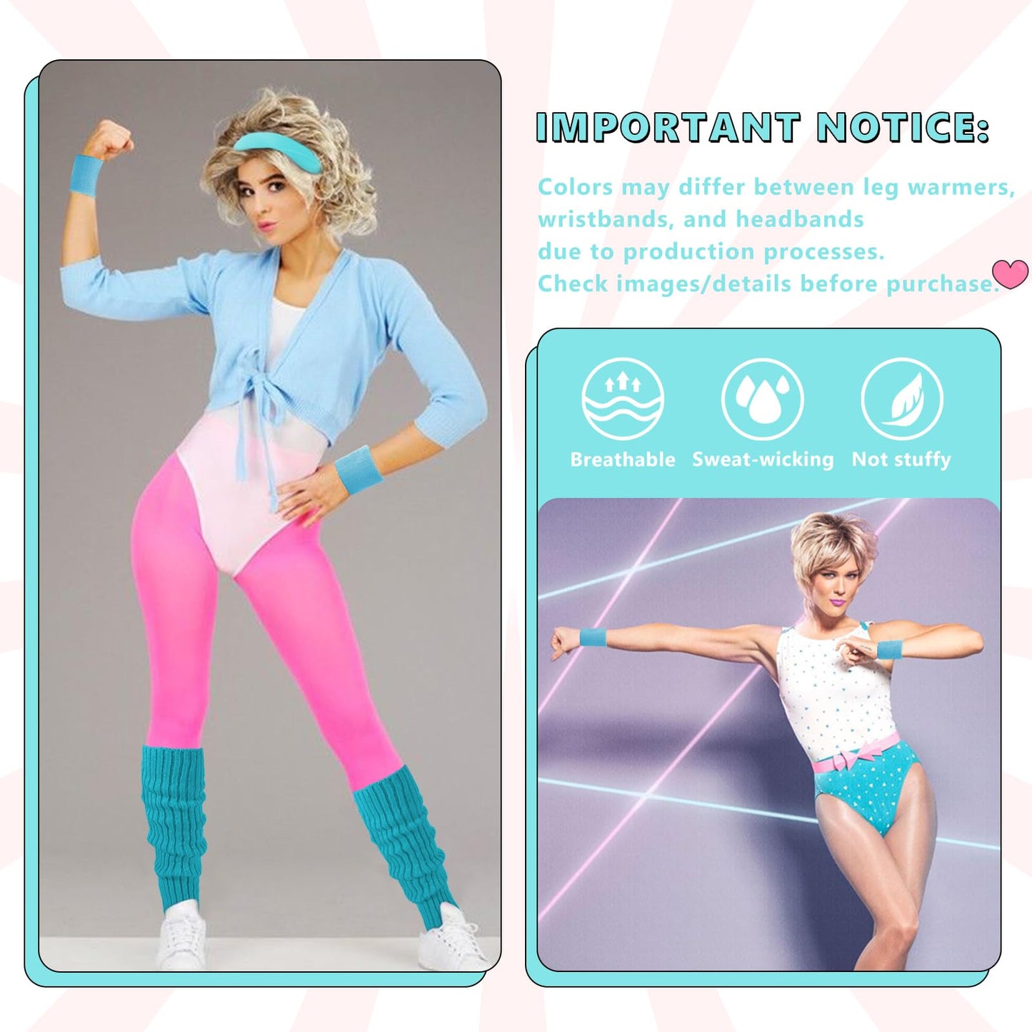 Junely 80s Accessories for Women Neon Leg Warmers Headband and Wristbands Set Knit Legwarmers for Ballet Dance Figure Skating Ice Skating Boot Blue