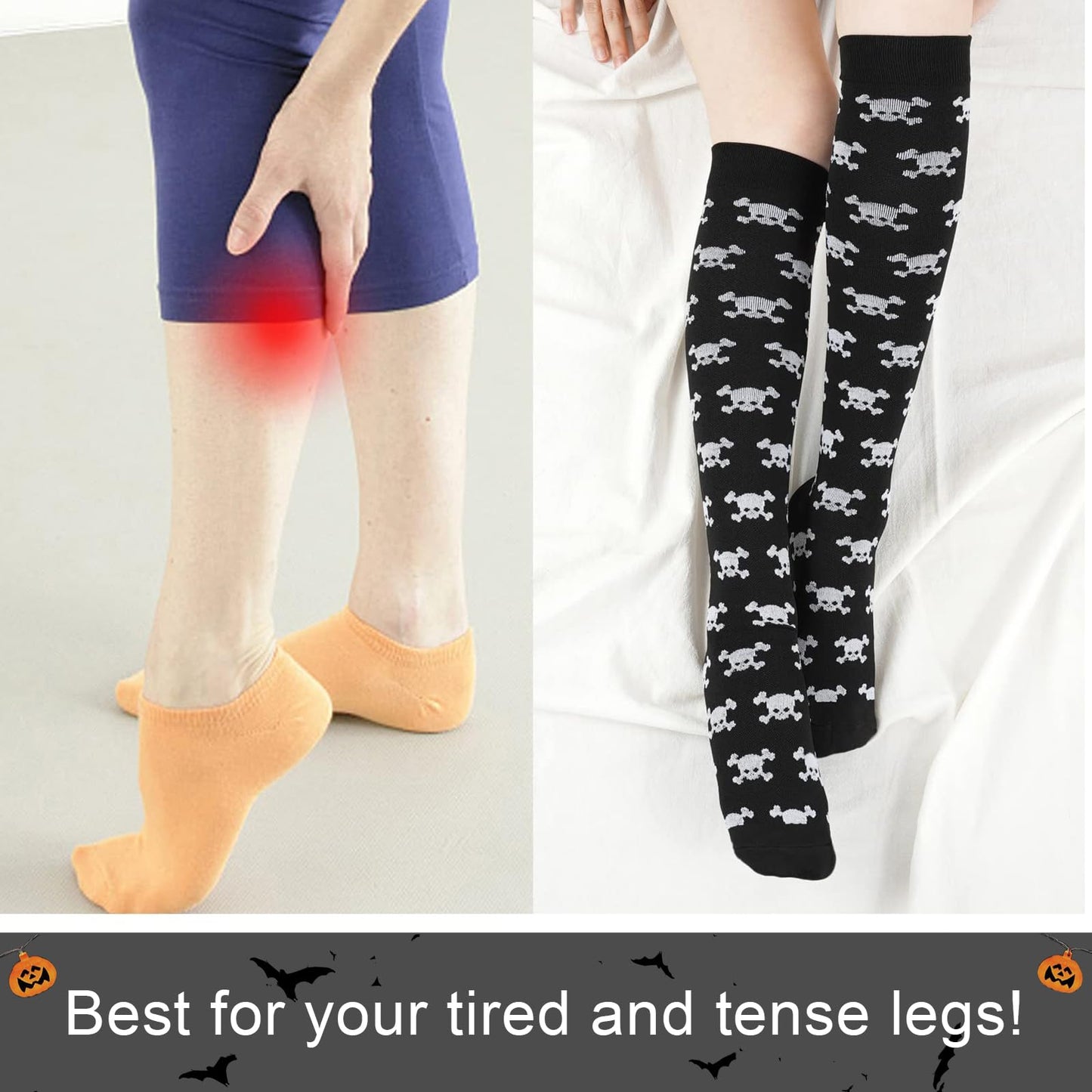 Junely Compression Socks for Women Skeleton Skull Knee High Stockings for Halloween Goth Running Athletic Nurses Pregnant Women Work Support Travel Flight Sports Gifts Black White
