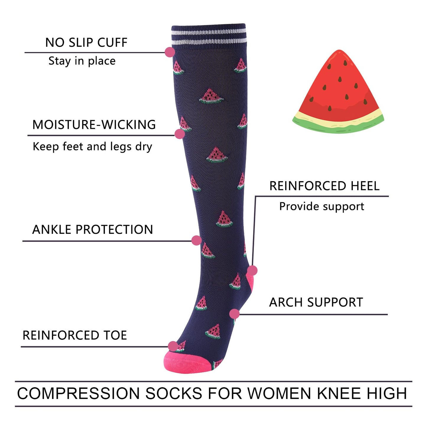 Junely Compression Socks for Women Food Knee High Stockings Banana Ice Cream Watermelon for Summer Running Athletic Nurses Pregnant Women Work Support Travel Flight Sports Gifts Pink Black