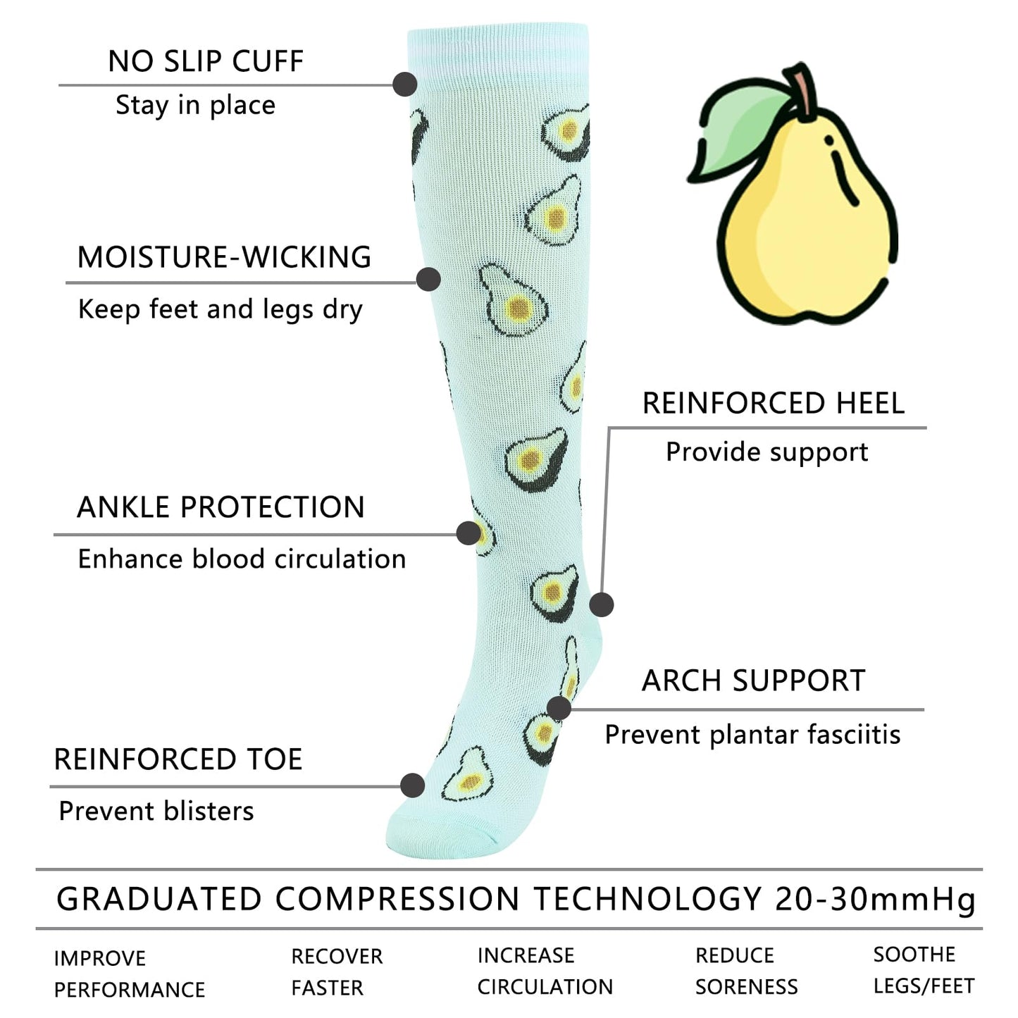 Junely Compression Socks for Women Fruit Knee High Stockings with Cherry Pineapple Avocado for Running Nurses Support Travel Pregnancy Gifts Black Blue Orange
