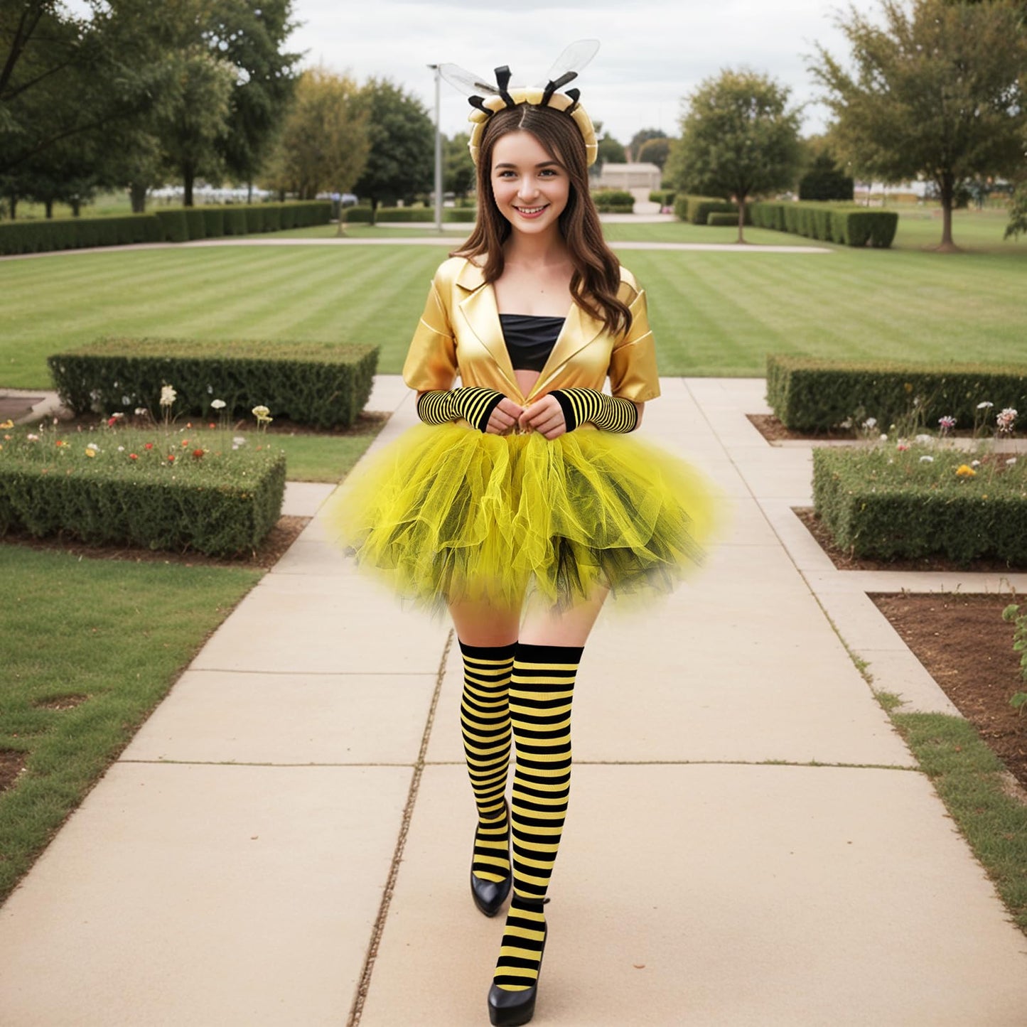 Junely Bee Costume Adult Women Black and Yellow Tutu Striped Thigh High Socks Fingerless Gloves Halloween Cosplay Costumes Accessories